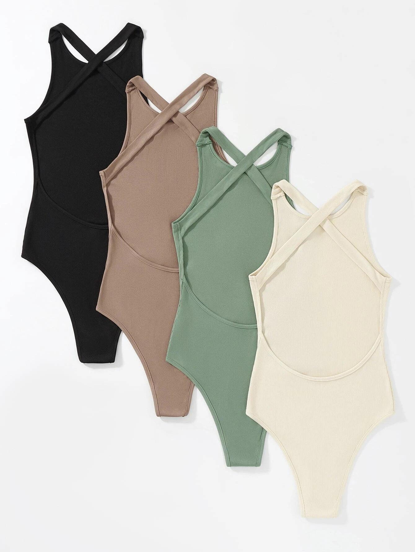 4 Pieces Rib Knit Bodysuit-Comfy Jumpsuits