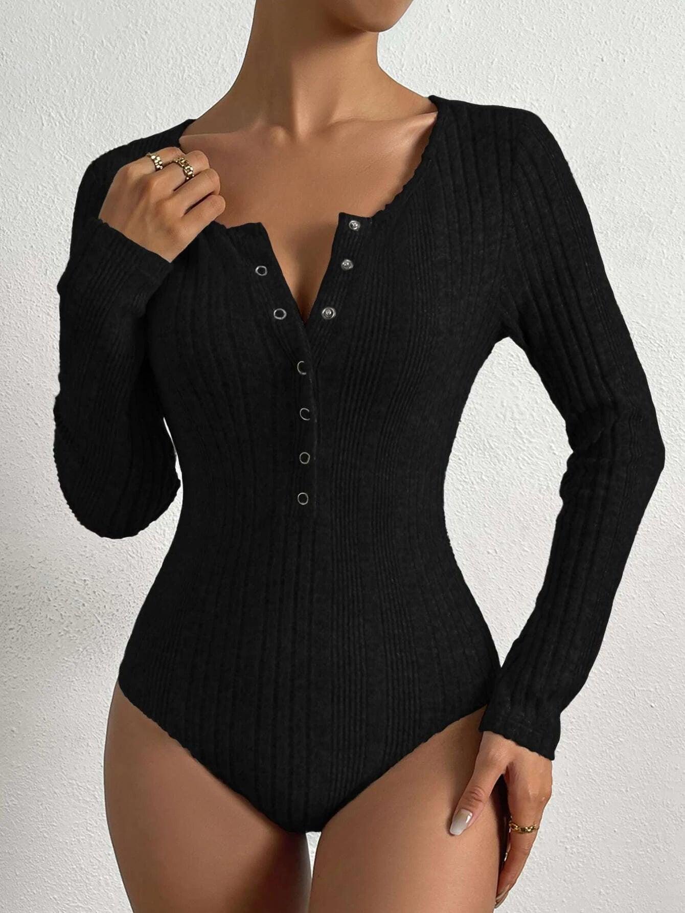 Button Ribbed Knit Bodysuit-Comfy Jumpsuits