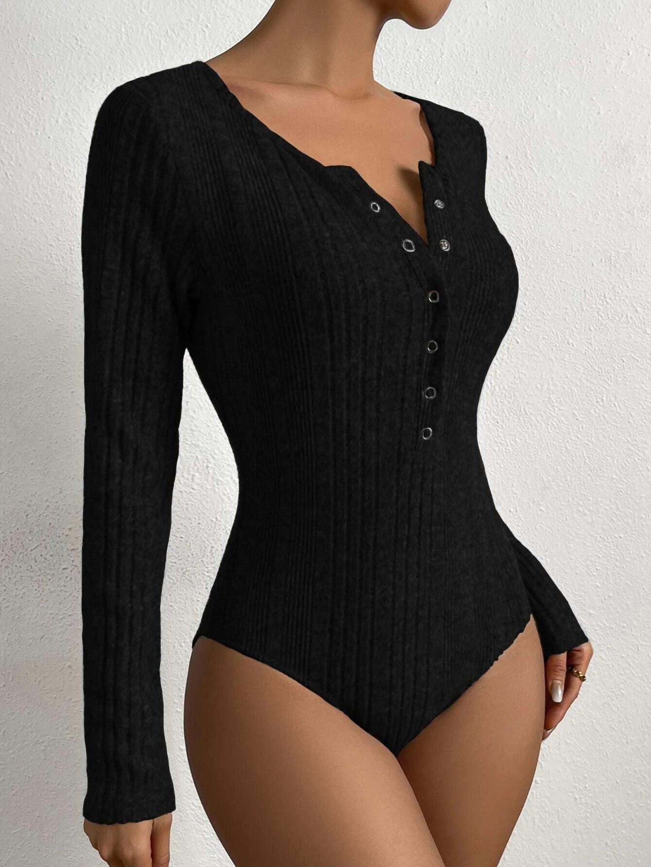 Button Ribbed Knit Bodysuit-Comfy Jumpsuits