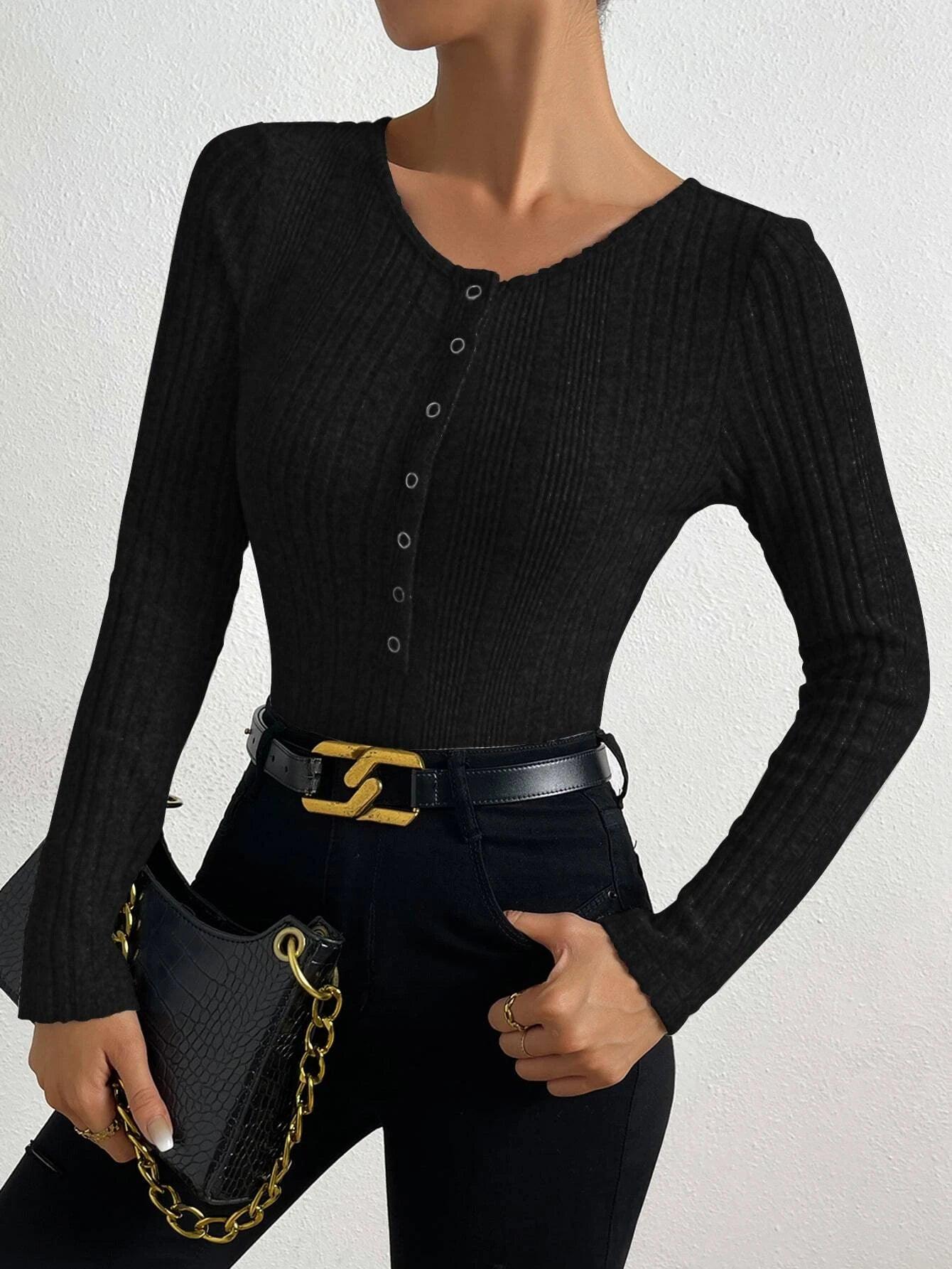 Button Ribbed Knit Bodysuit-Comfy Jumpsuits