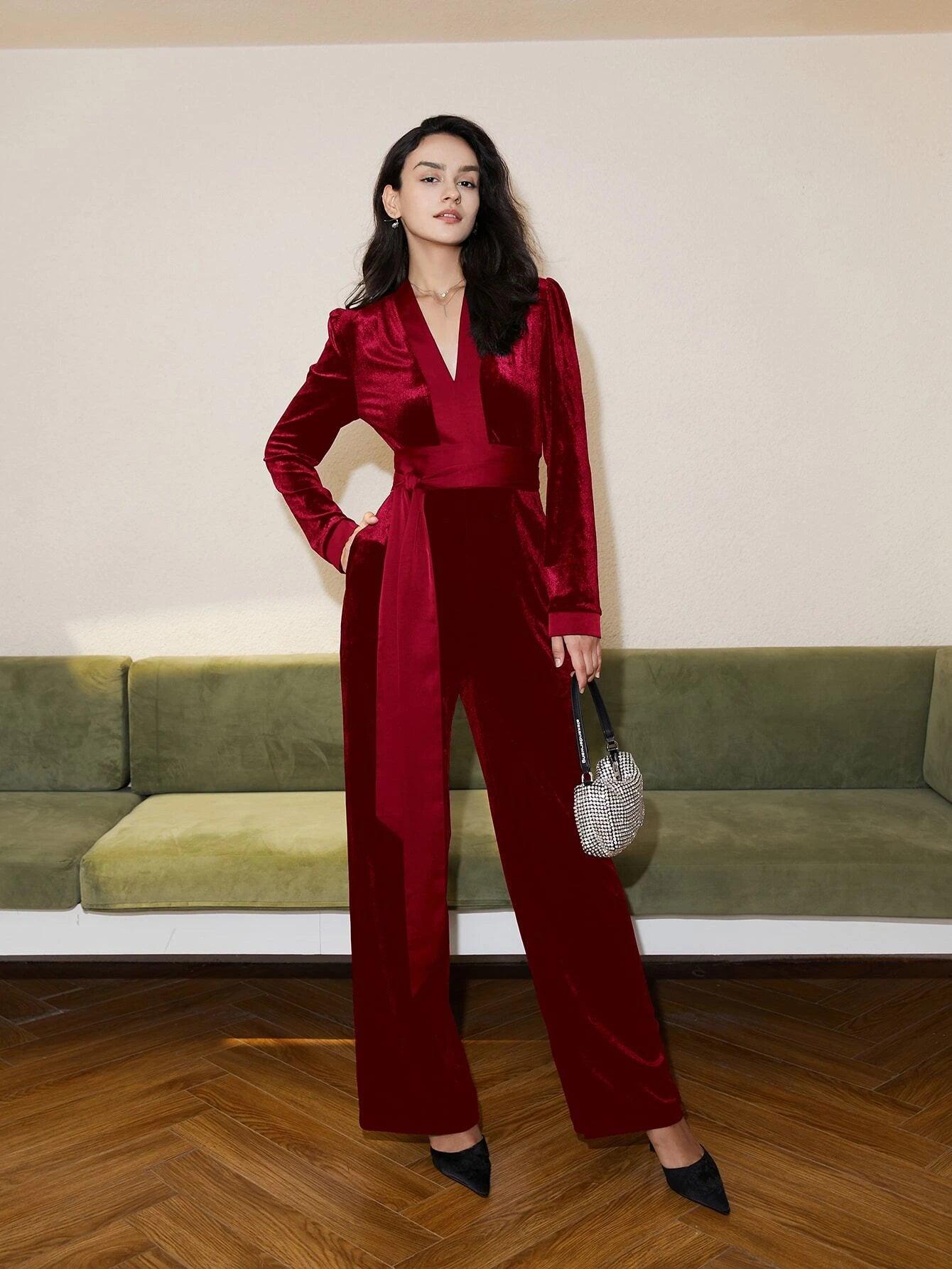 V Neck Belted Velvet Jumpsuit-Comfy Jumpsuits