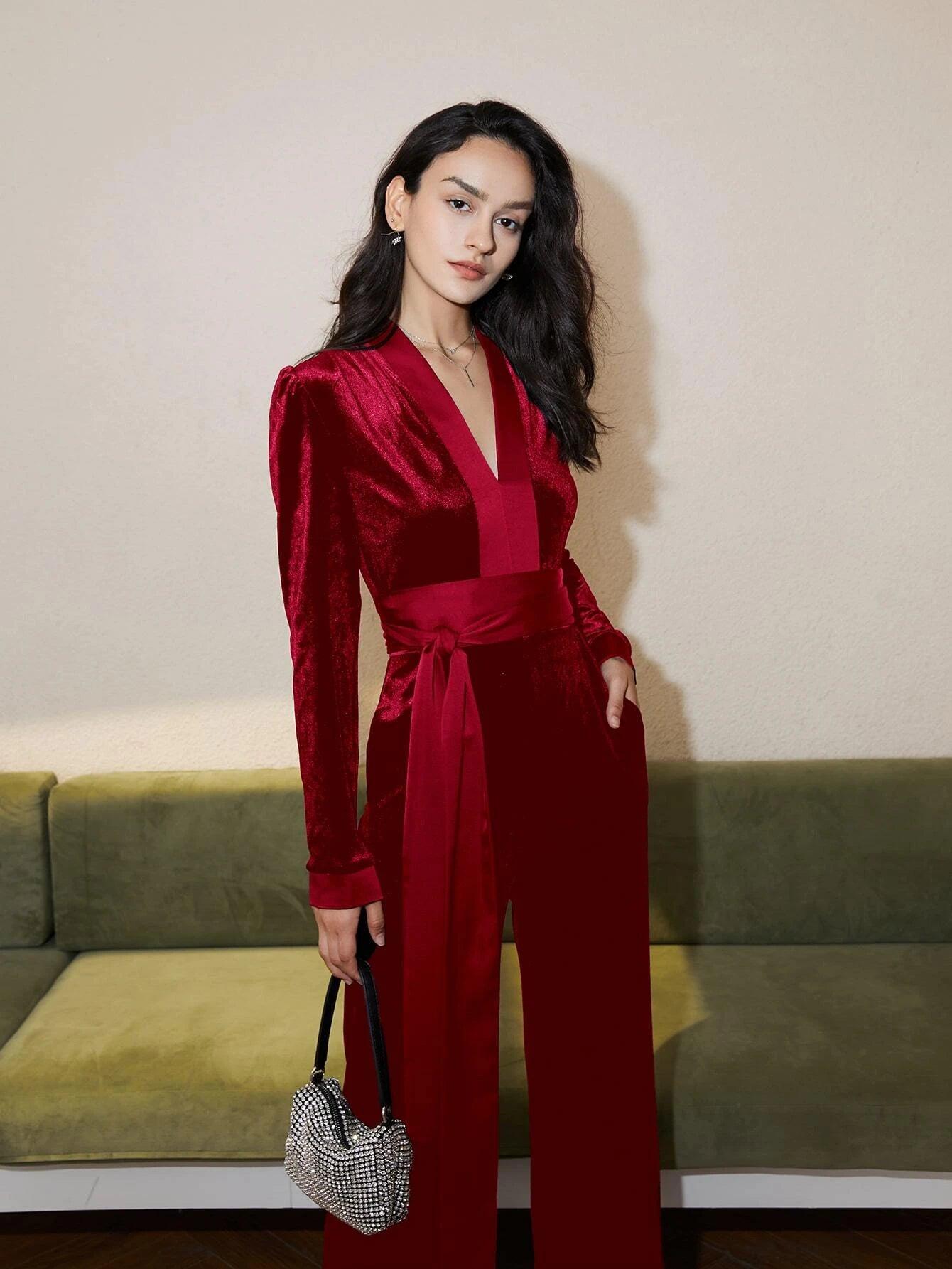 V Neck Belted Velvet Jumpsuit-Comfy Jumpsuits