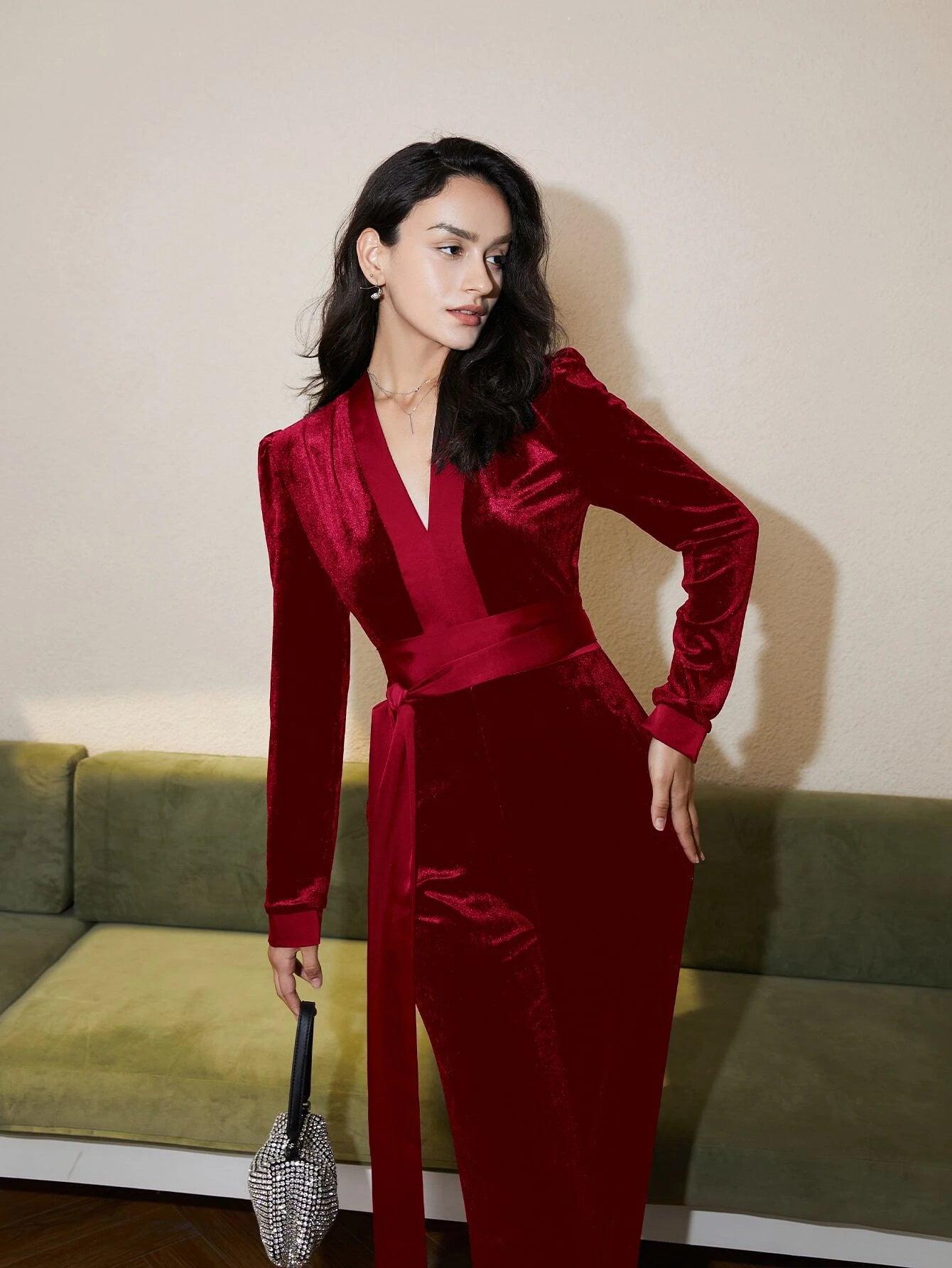 V Neck Belted Velvet Jumpsuit-Comfy Jumpsuits