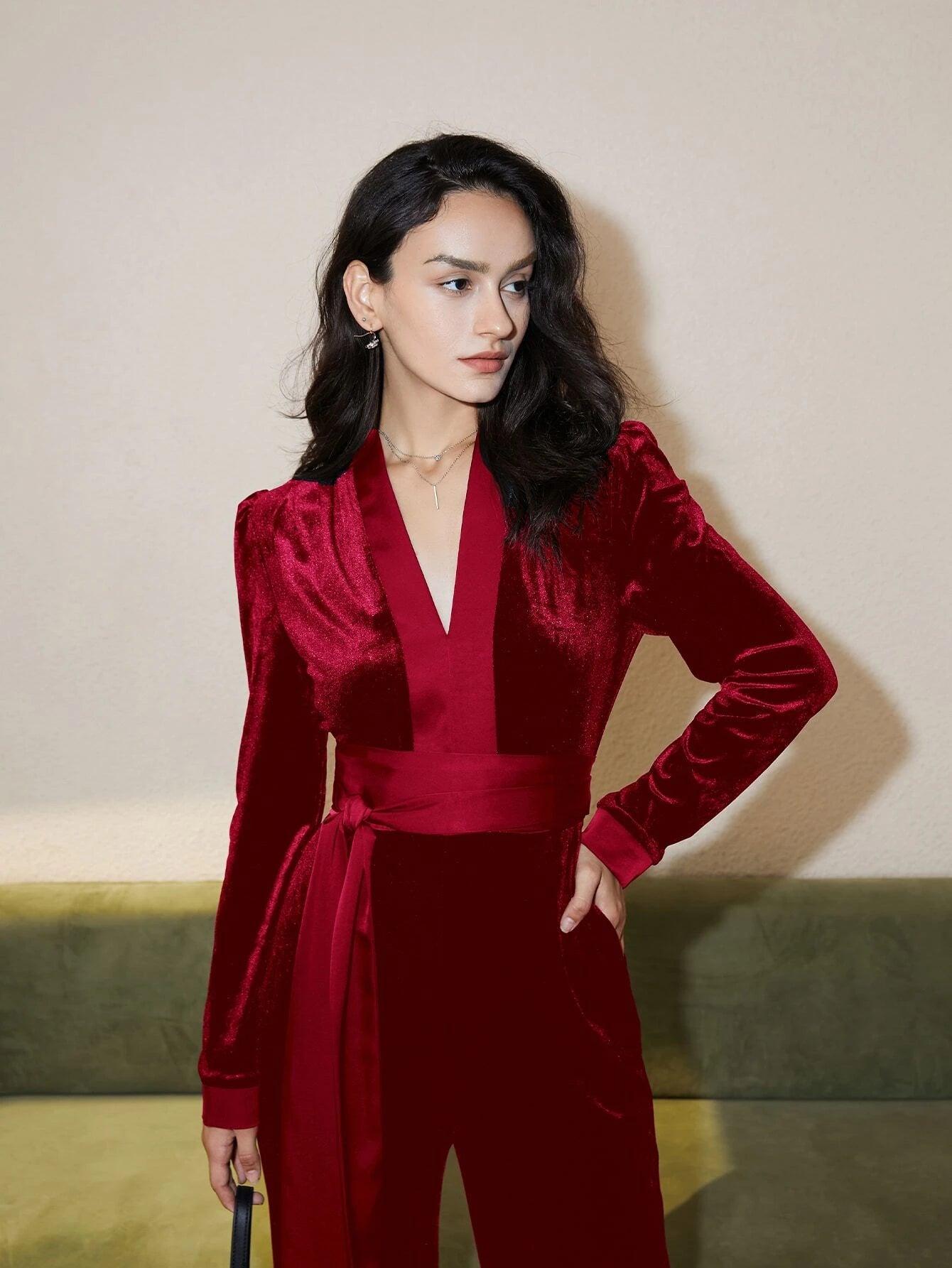 V Neck Belted Velvet Jumpsuit-Comfy Jumpsuits