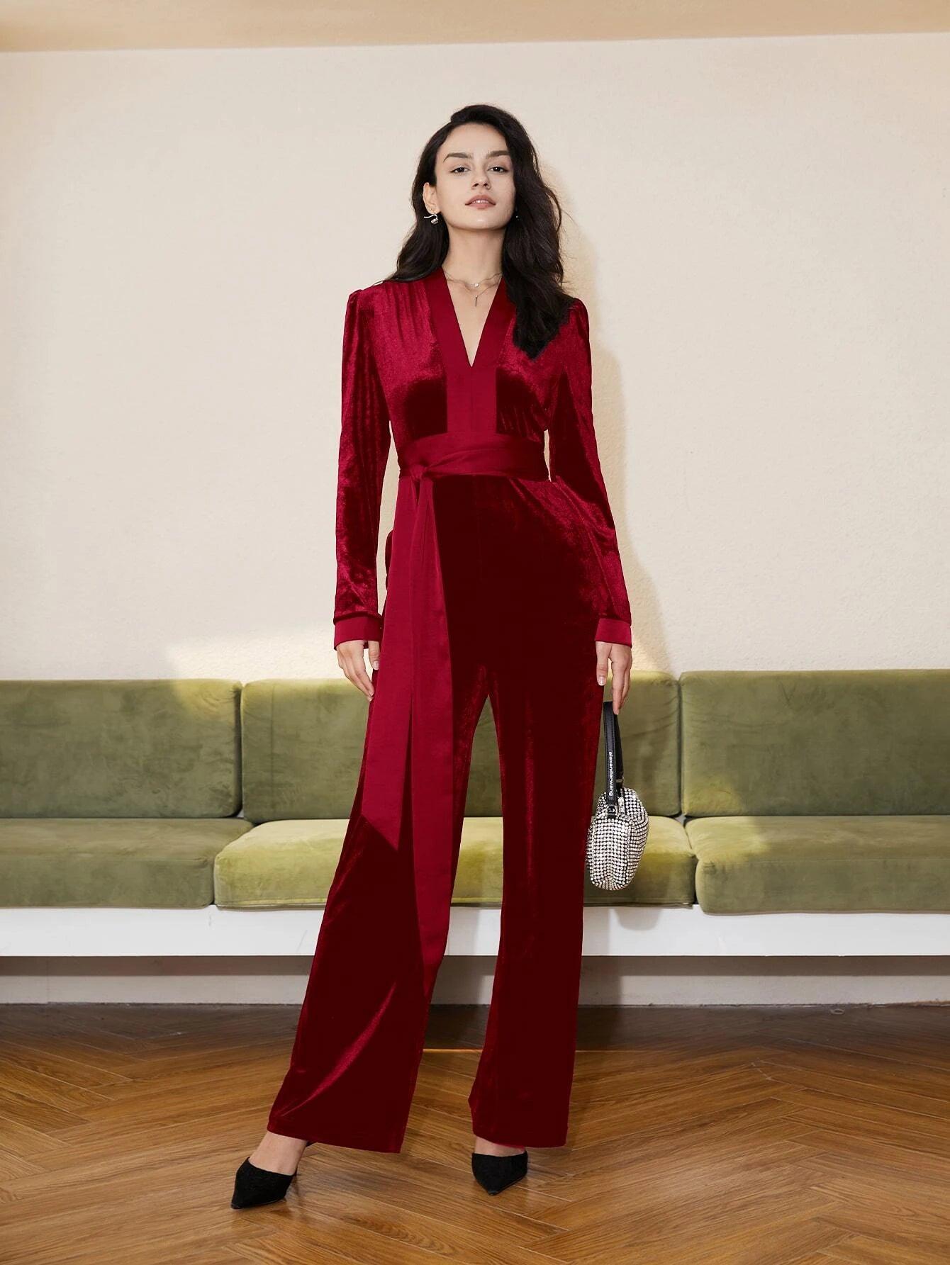 V Neck Belted Velvet Jumpsuit-Comfy Jumpsuits