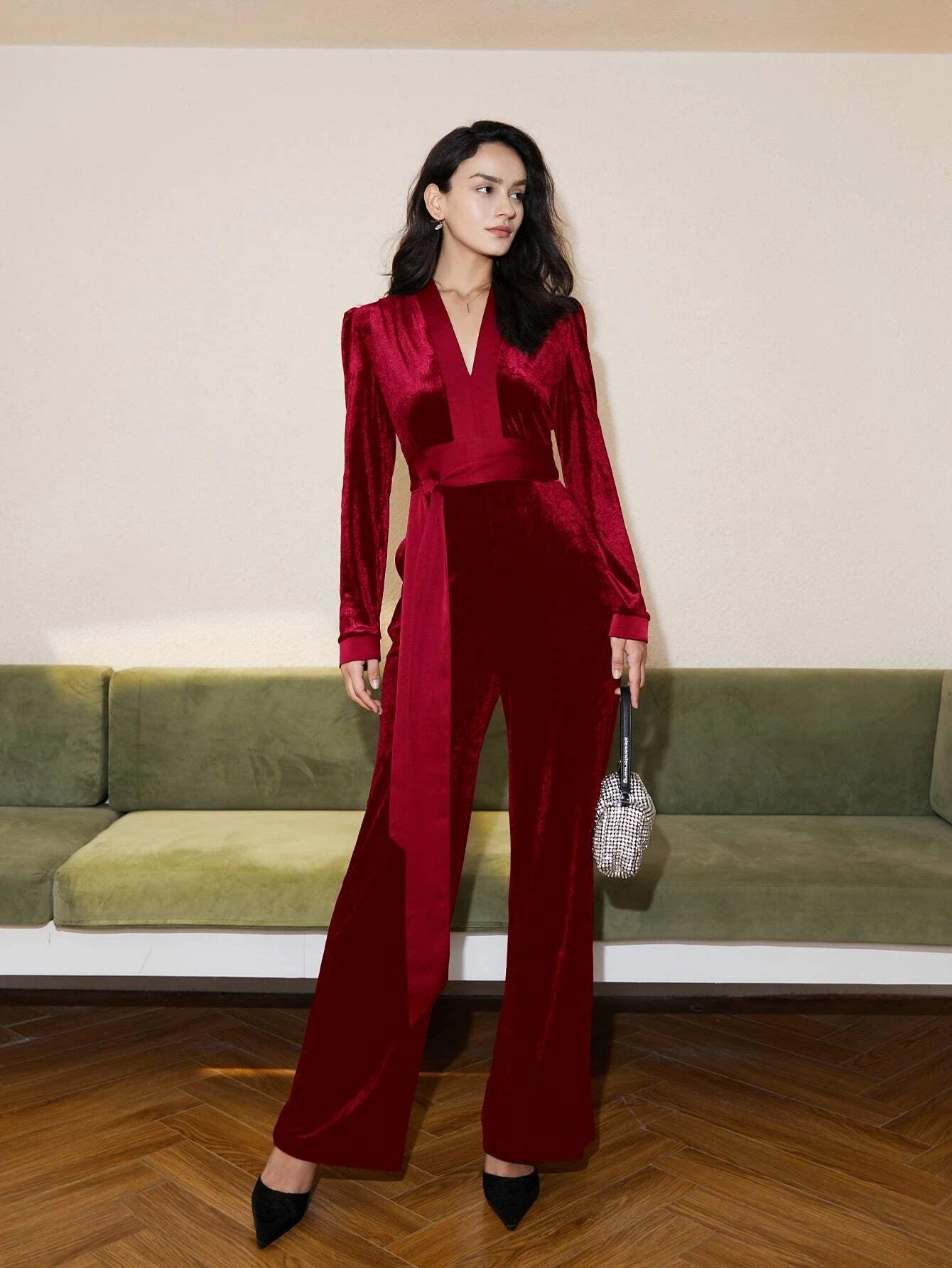 V Neck Belted Velvet Jumpsuit-Comfy Jumpsuits