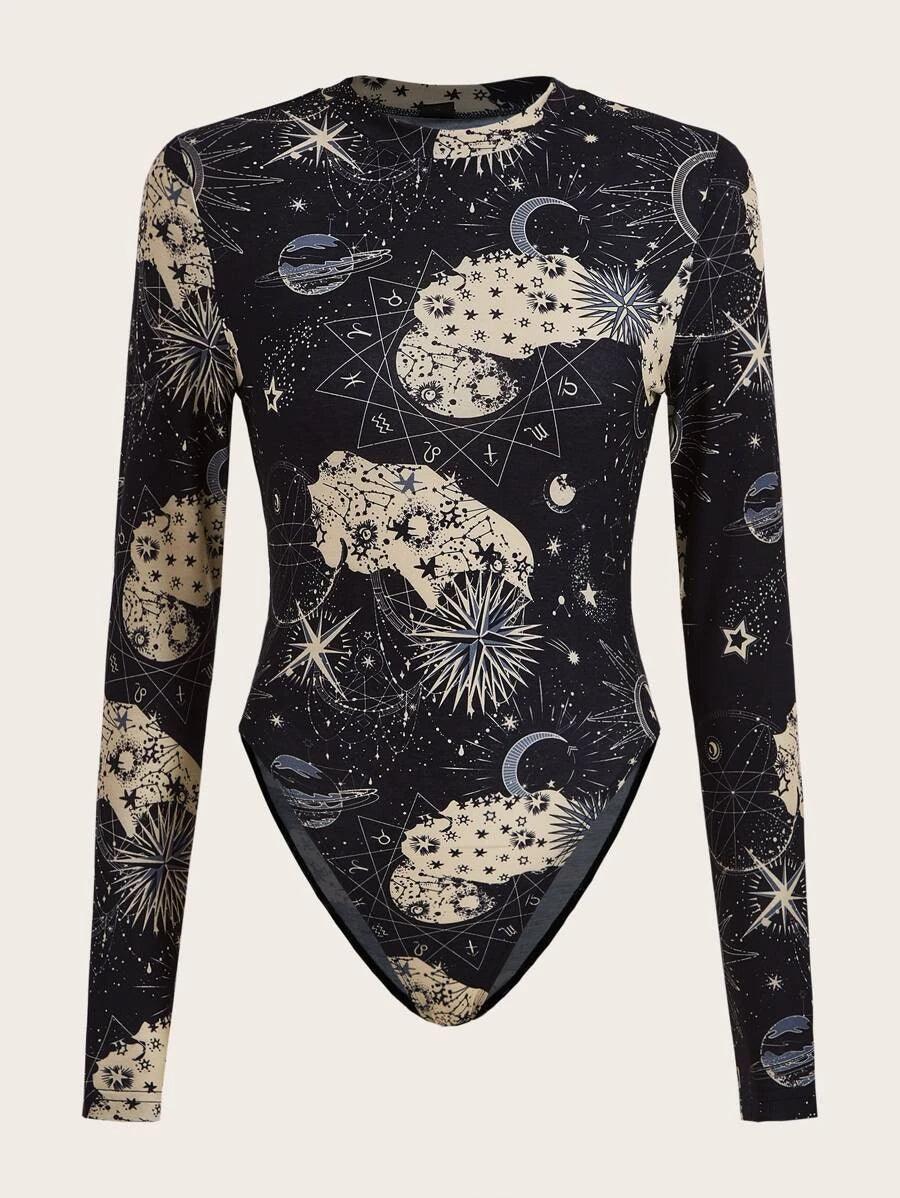 Closed Neck Moon Star Print Bodysuit-Comfy Jumpsuits