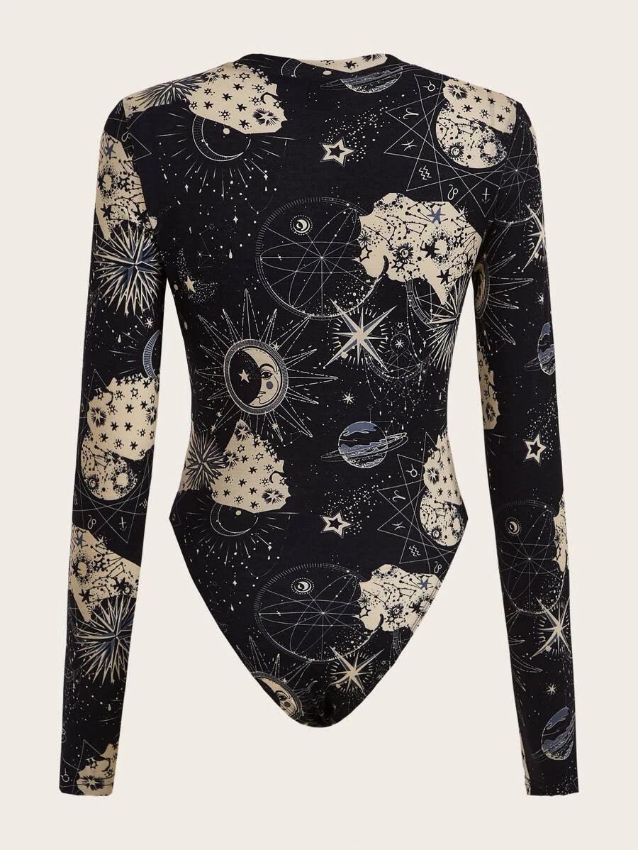 Closed Neck Moon Star Print Bodysuit-Comfy Jumpsuits
