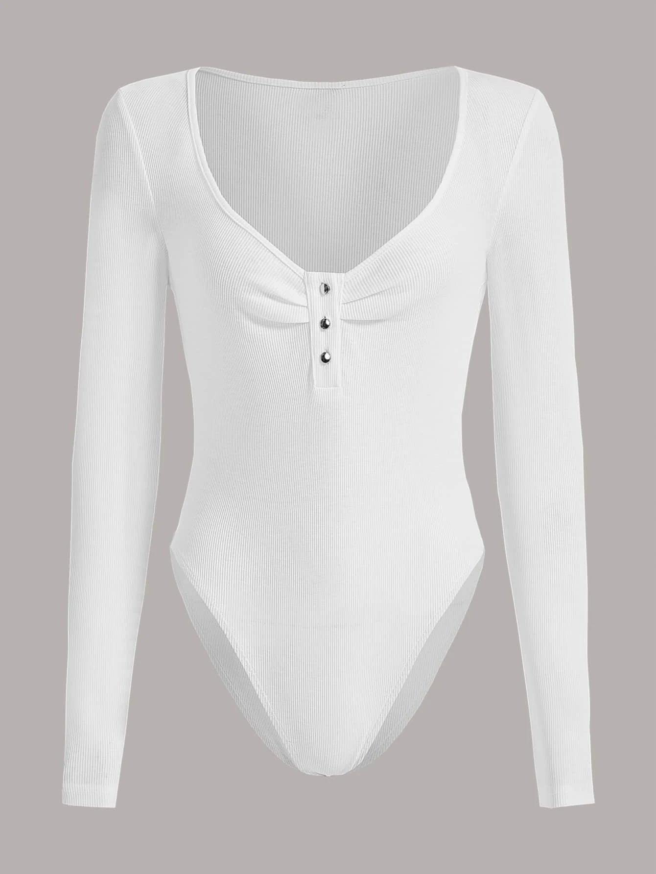 Ribbed Knit Half Button Bodysuit-Comfy Jumpsuits