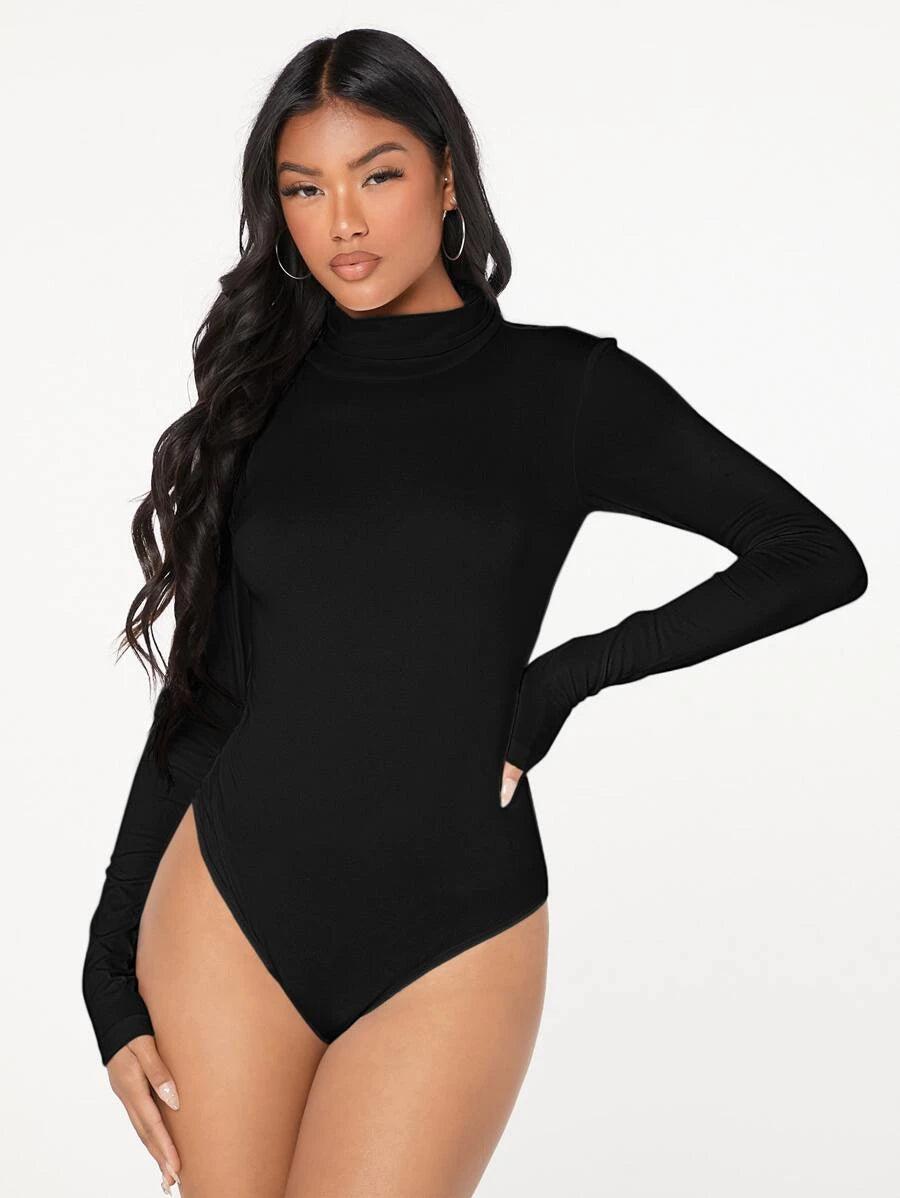 Solid High Neck Bodysuit-Comfy Jumpsuits
