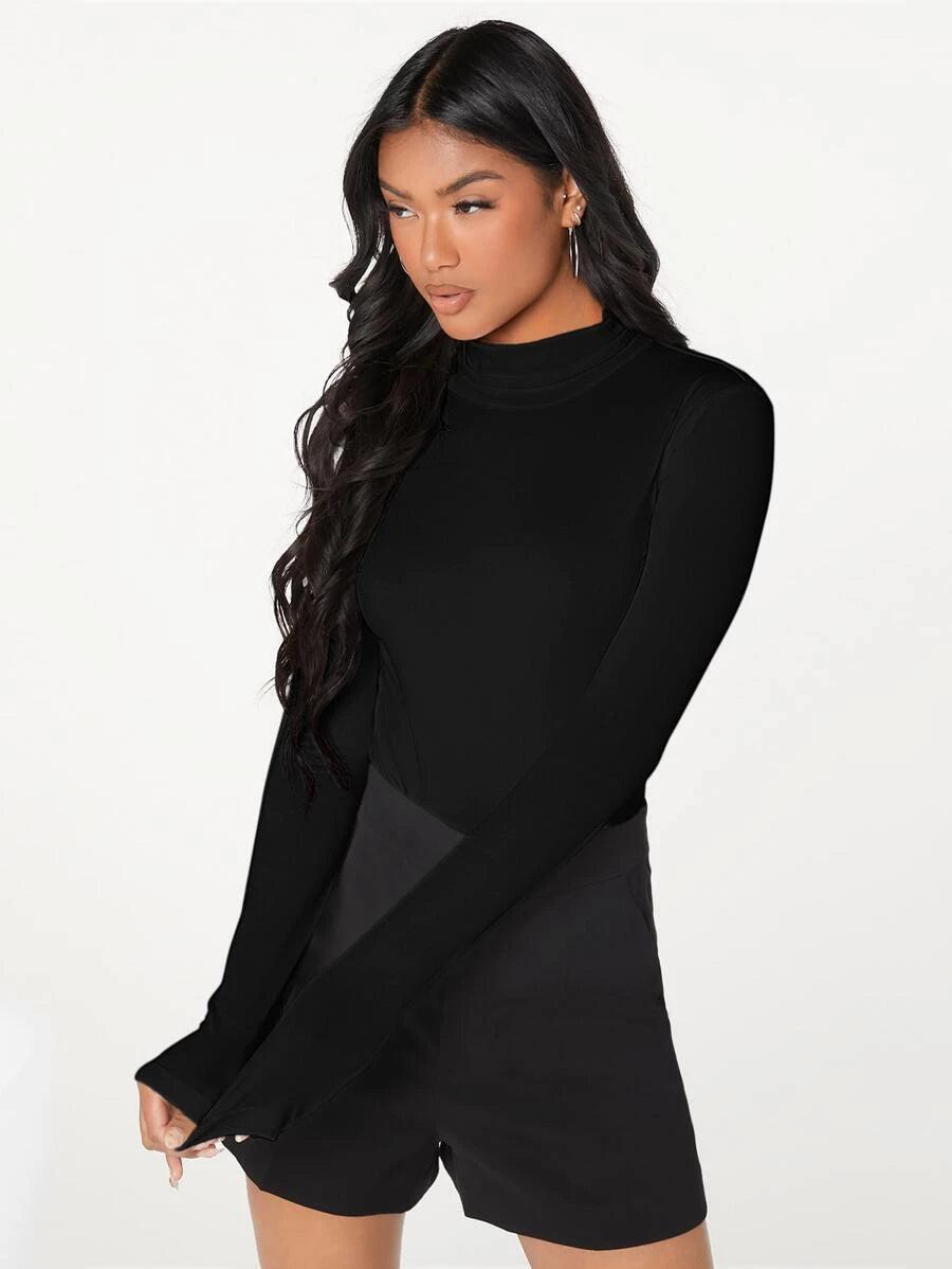 Solid High Neck Bodysuit-Comfy Jumpsuits