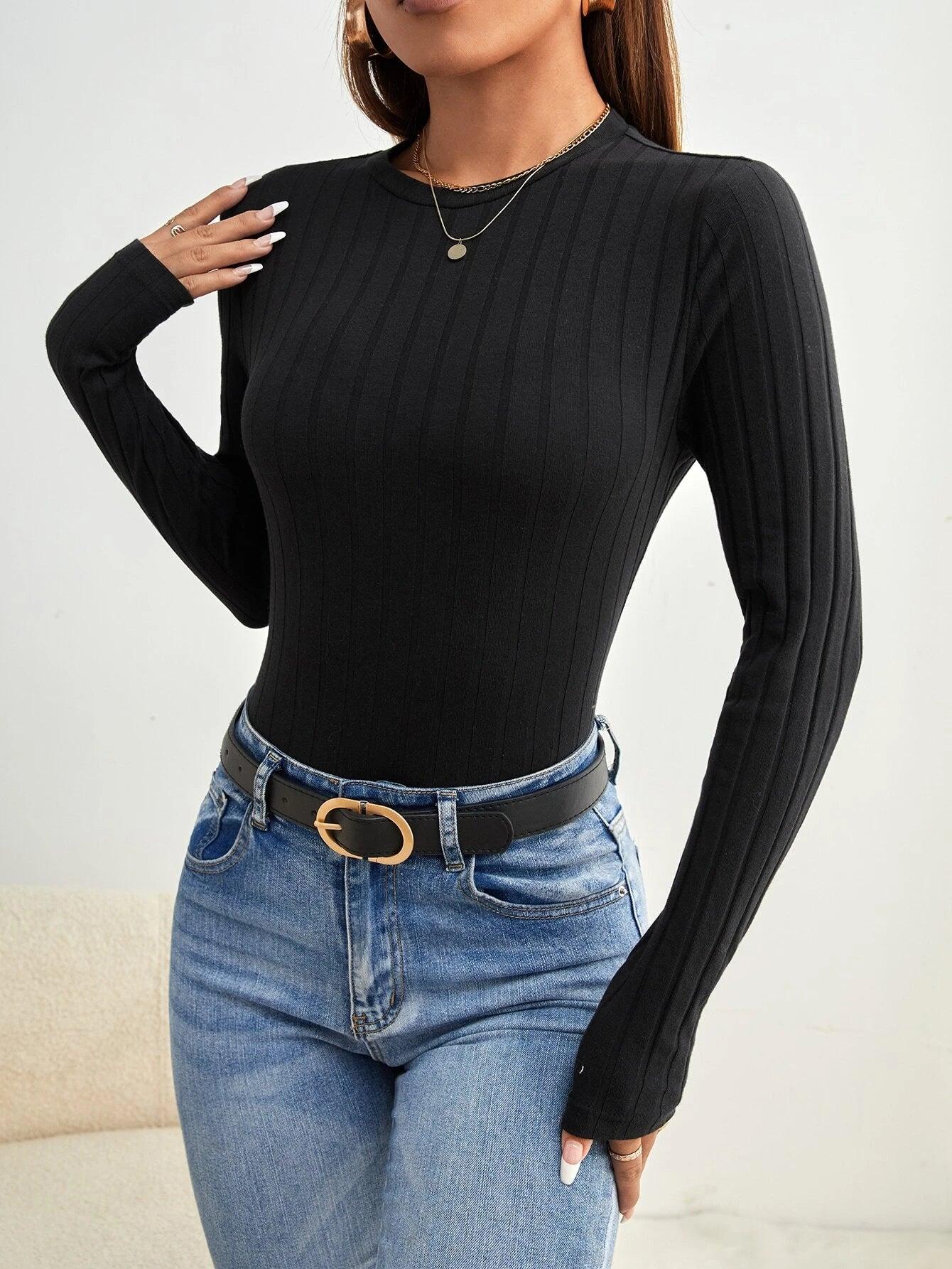 Solid Colored Ribbed Knit Bodysuit-Comfy Jumpsuits