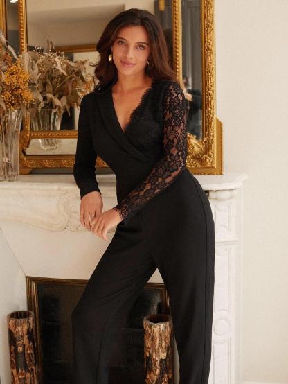 Contrast Lace Surplice Front Jumpsuit-Comfy Jumpsuits