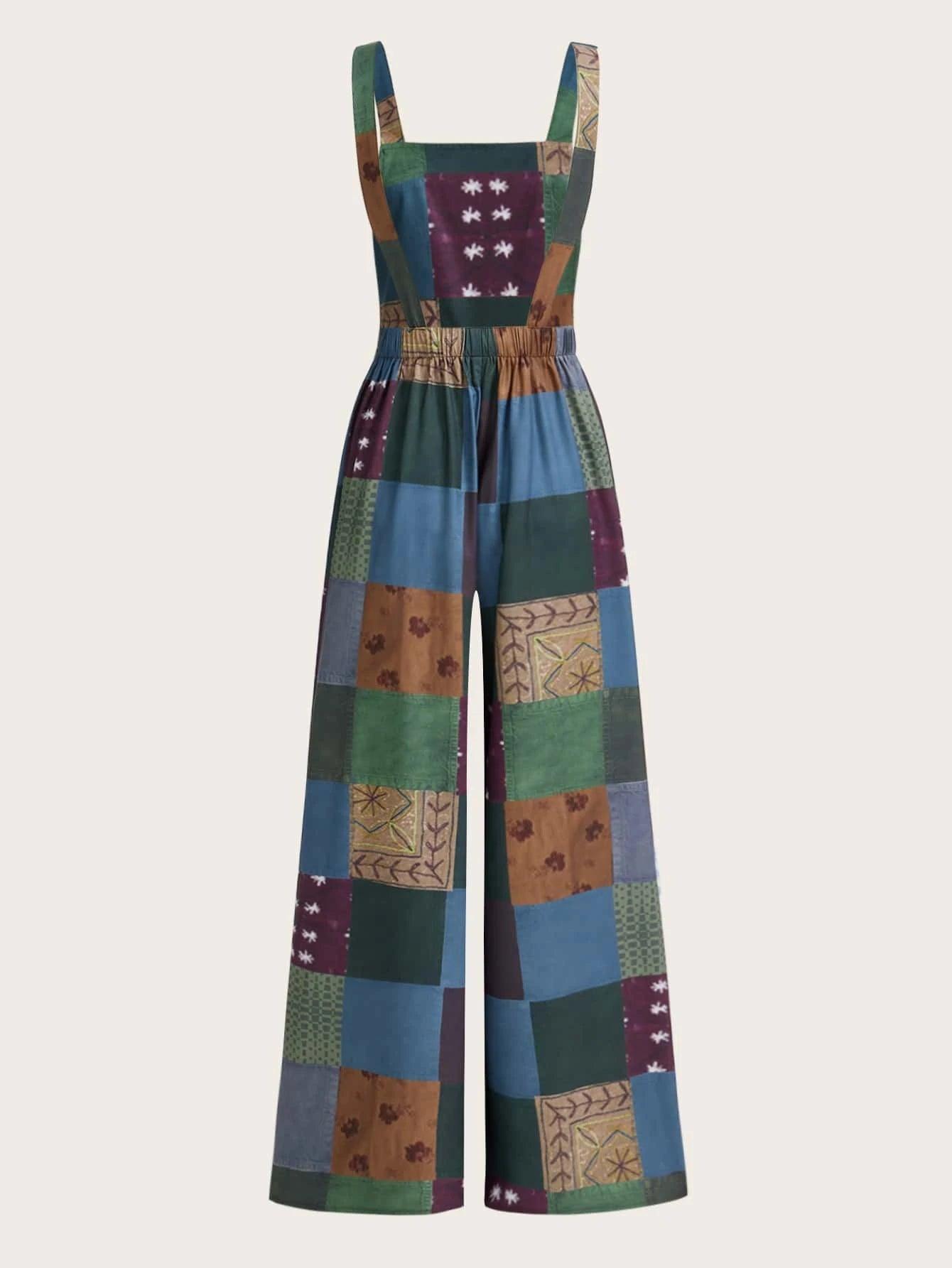 Patchwork Print Long Jumpsuit-Comfy Jumpsuits