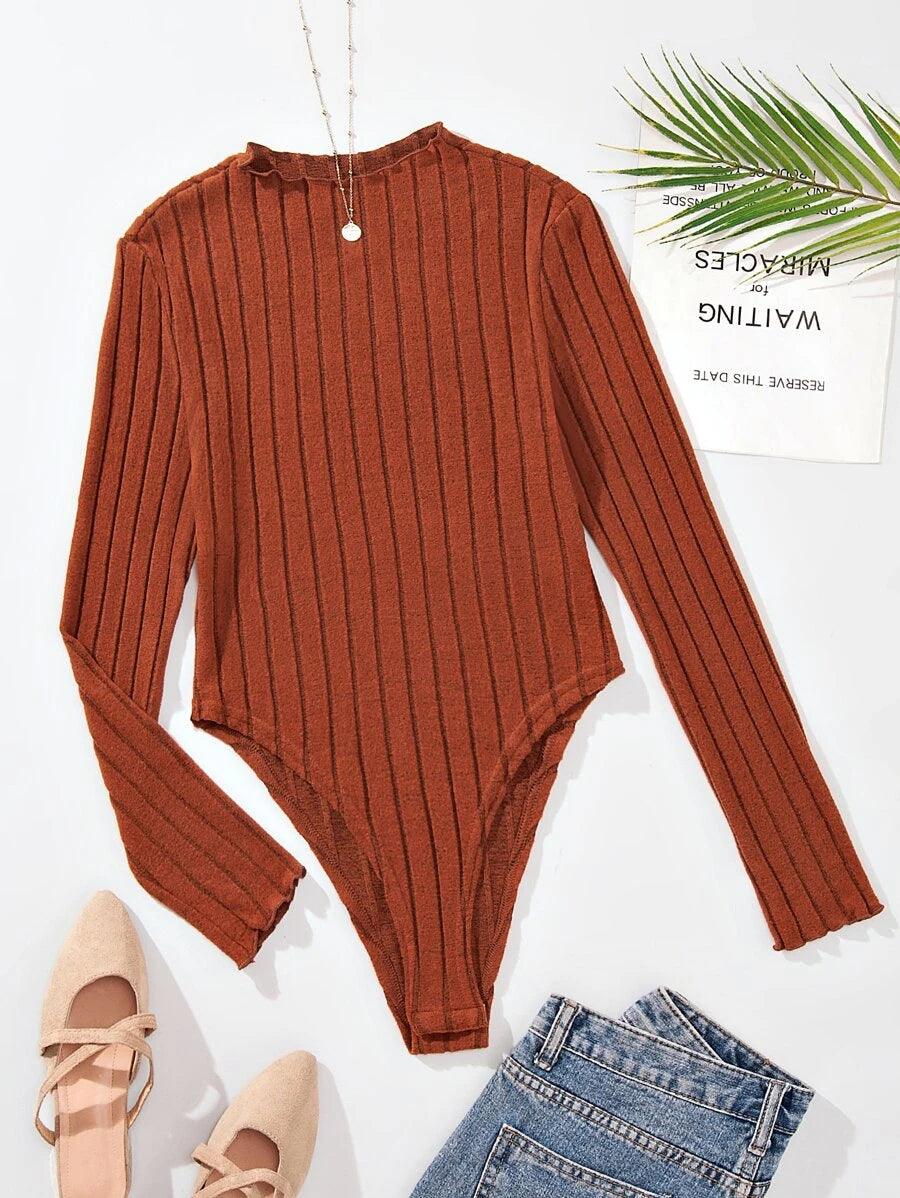 Mock Neck Ribbed Knit Plain Bodysuit-Comfy Jumpsuits