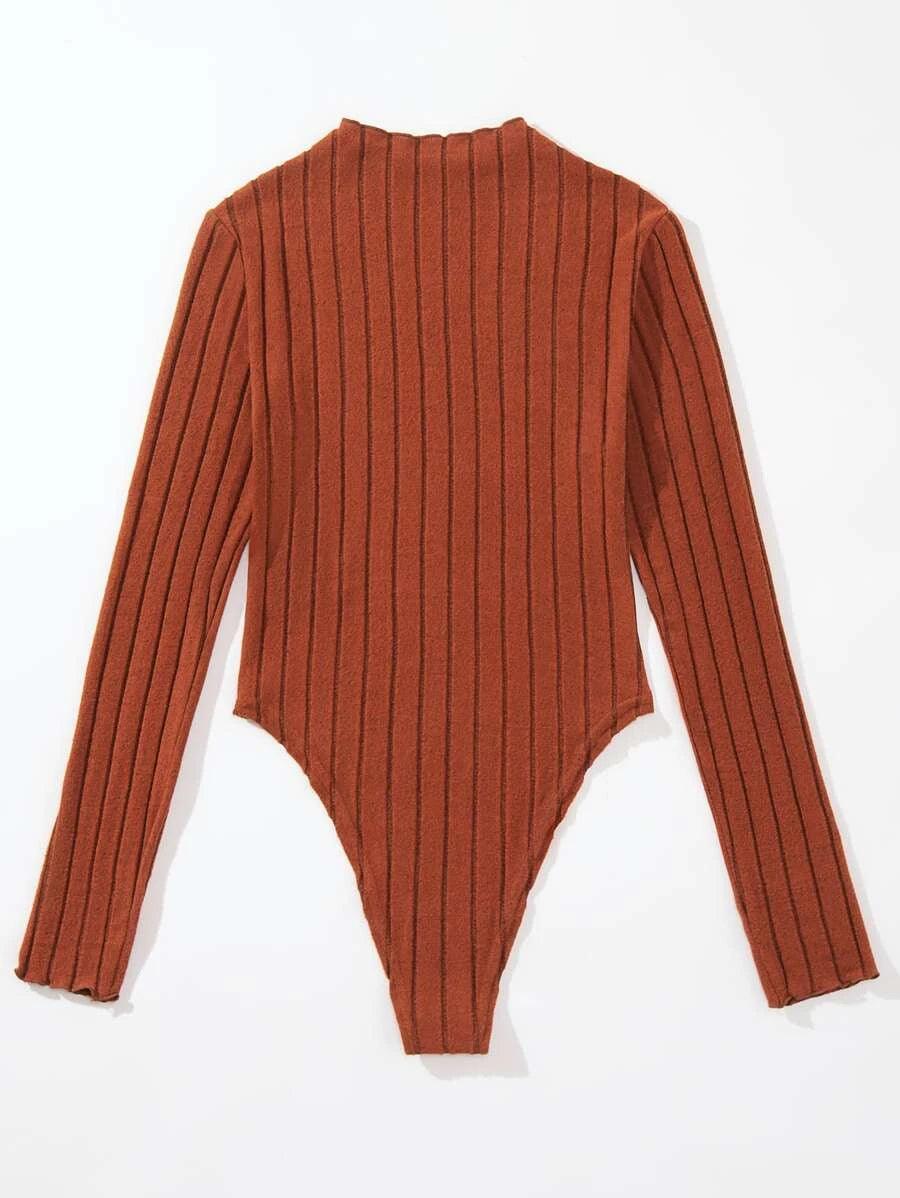 Mock Neck Ribbed Knit Plain Bodysuit-Comfy Jumpsuits