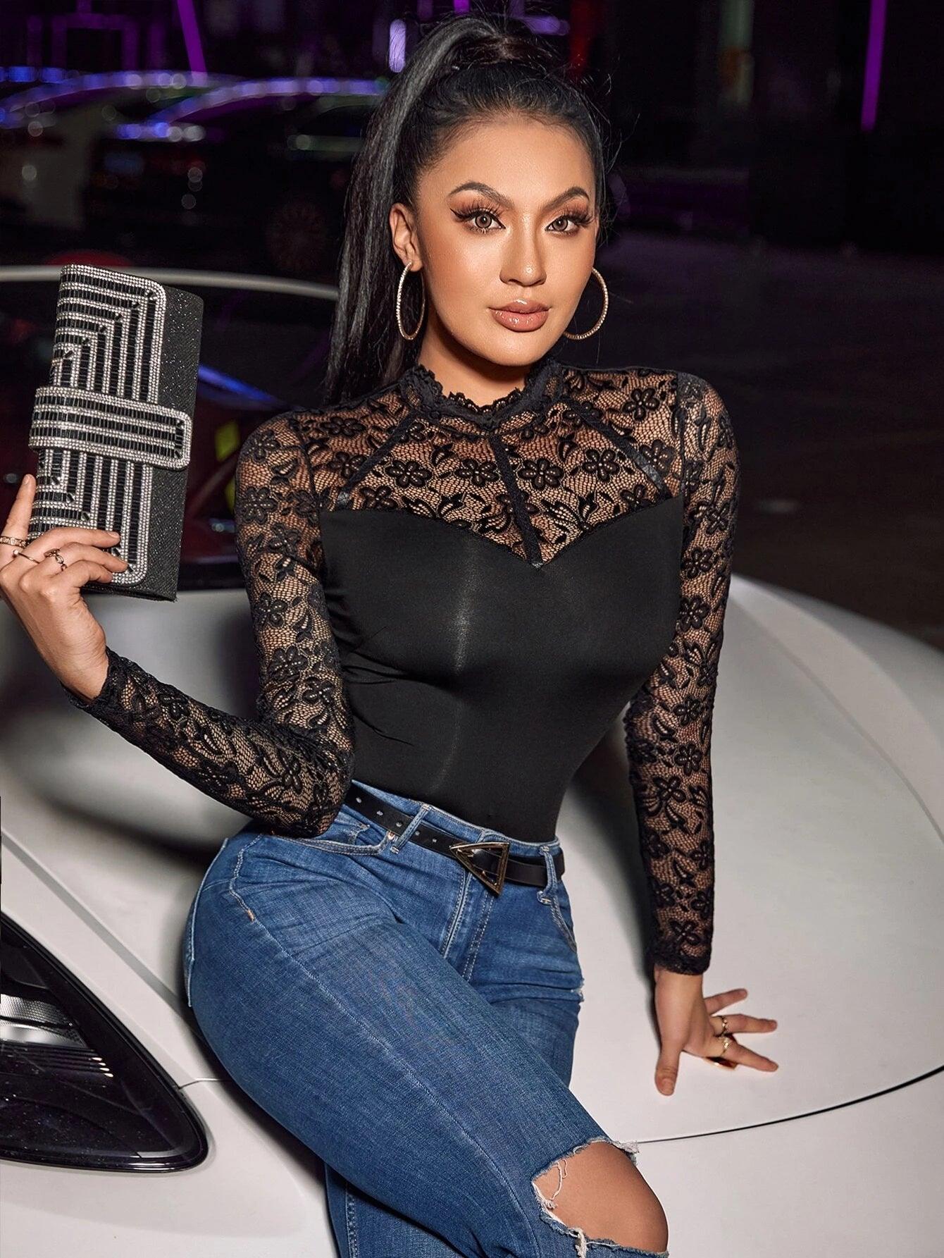 Lace Mock Neck Bodysuit-Comfy Jumpsuits