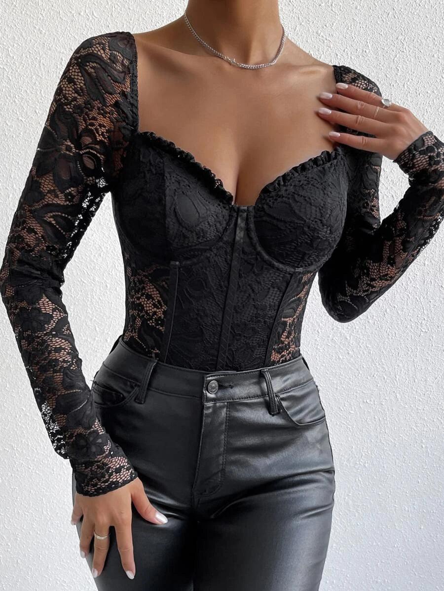 Neck Frill Trim Lace Bodysuit-Comfy Jumpsuits