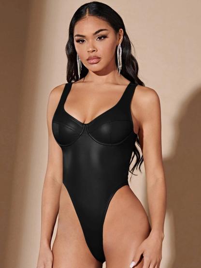 Sleeveless Leather Bodysuit-Comfy Jumpsuits