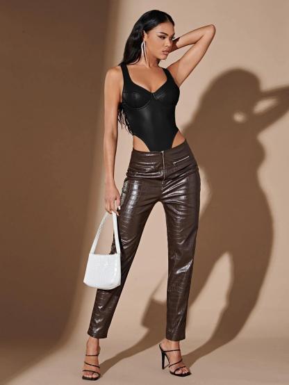 Sleeveless Leather Bodysuit-Comfy Jumpsuits