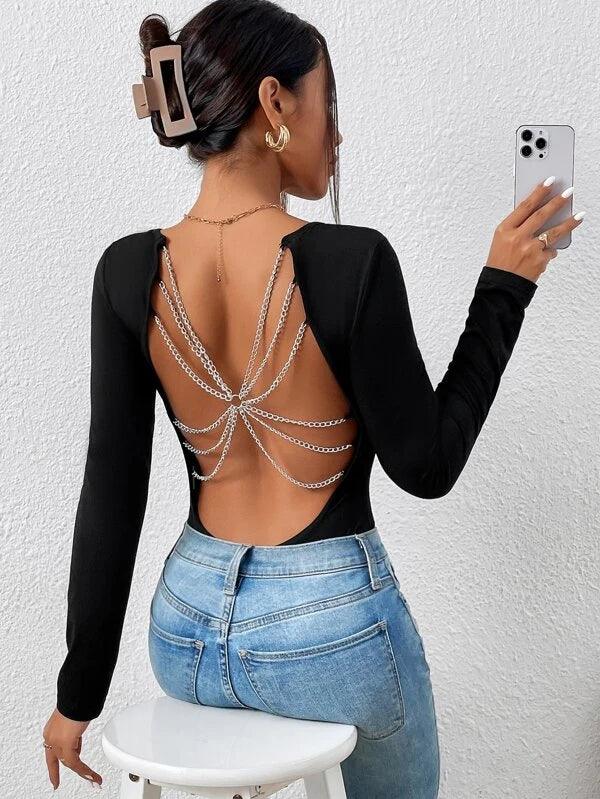 Chain Detail Round Neck Plain Bodysuit-Comfy Jumpsuits