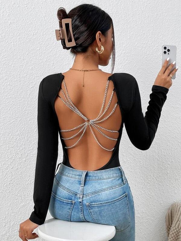 Chain Detail Round Neck Plain Bodysuit-Comfy Jumpsuits