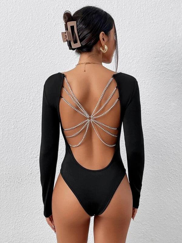 Chain Detail Round Neck Plain Bodysuit-Comfy Jumpsuits