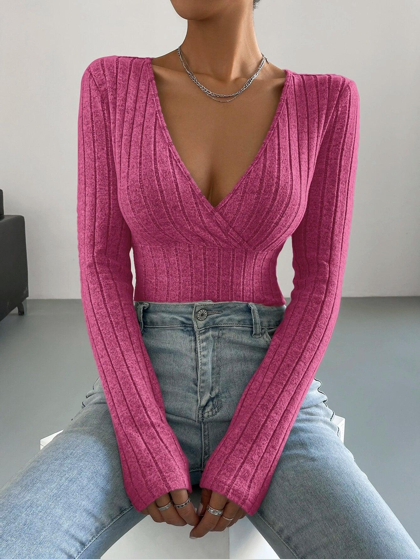 Surplice Neck Ribbed Knit Bodysuit-Comfy Jumpsuits