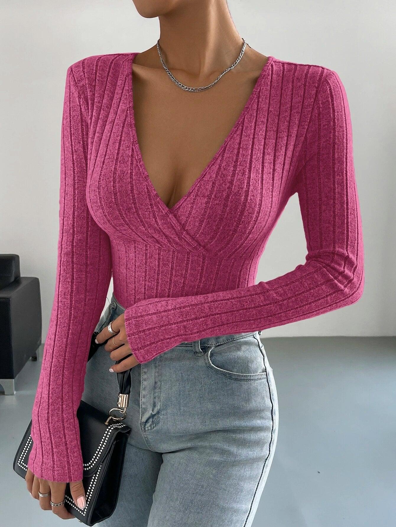 Surplice Neck Ribbed Knit Bodysuit-Comfy Jumpsuits