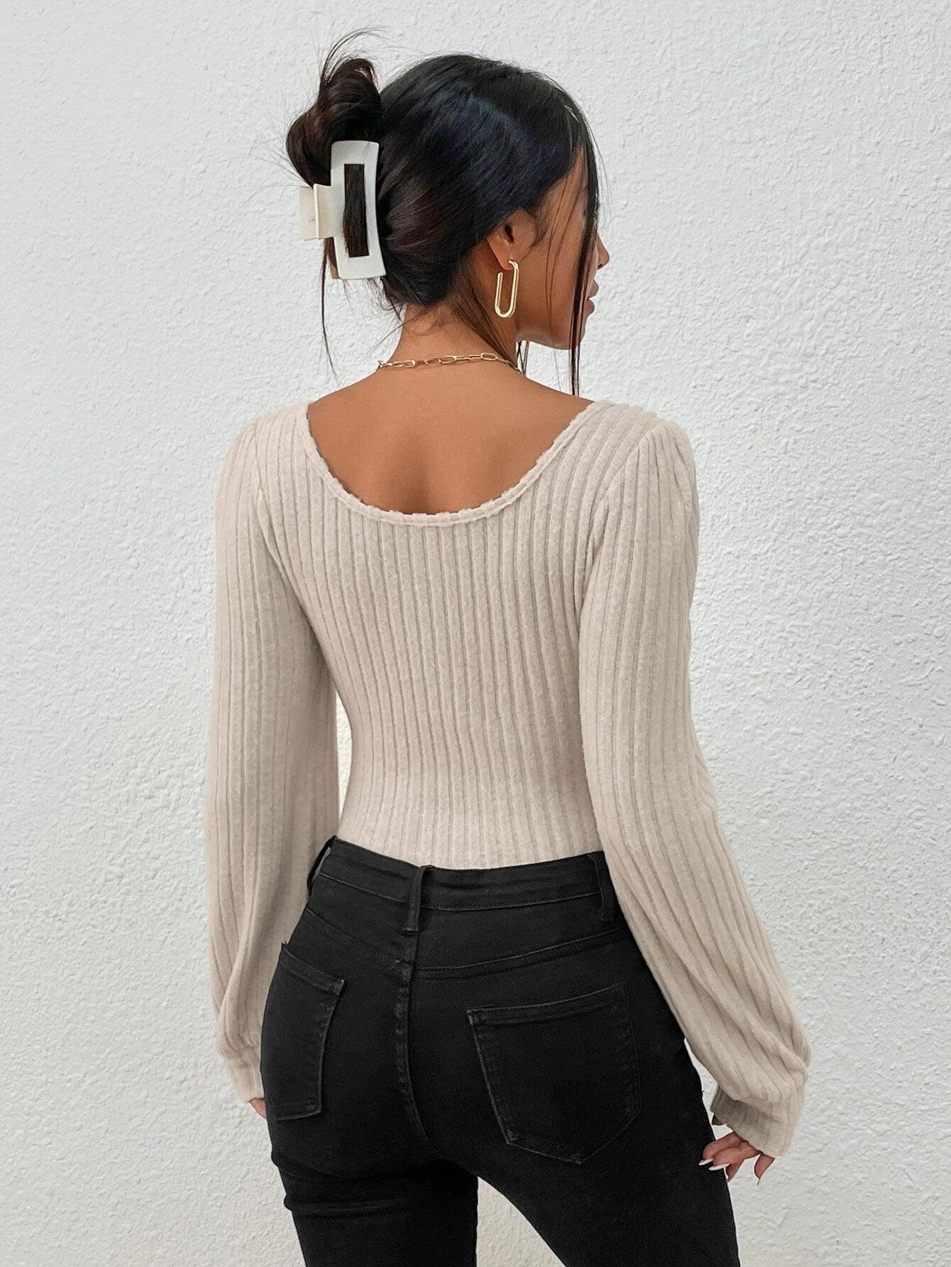 Square Neck Lantern Sleeve Bodysuit-Comfy Jumpsuits