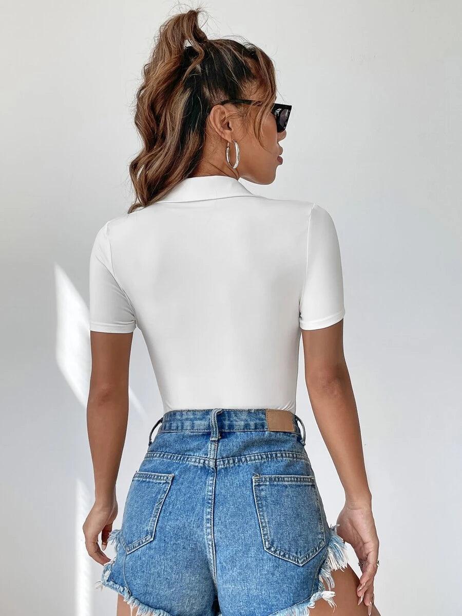 Solid Collared Tee Bodysuit-Comfy Jumpsuits