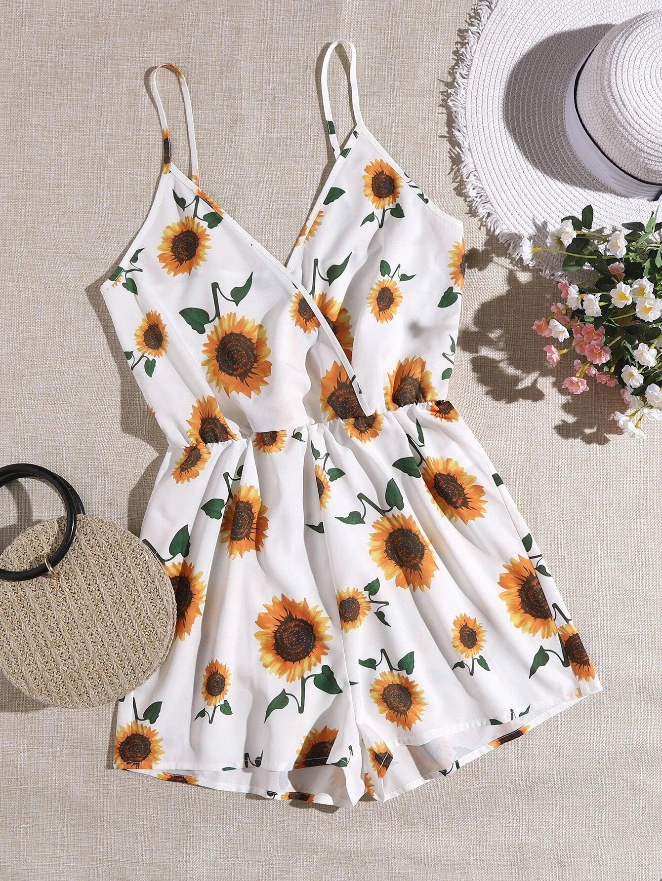 Sunflower Print Cami Romper-Comfy Jumpsuits