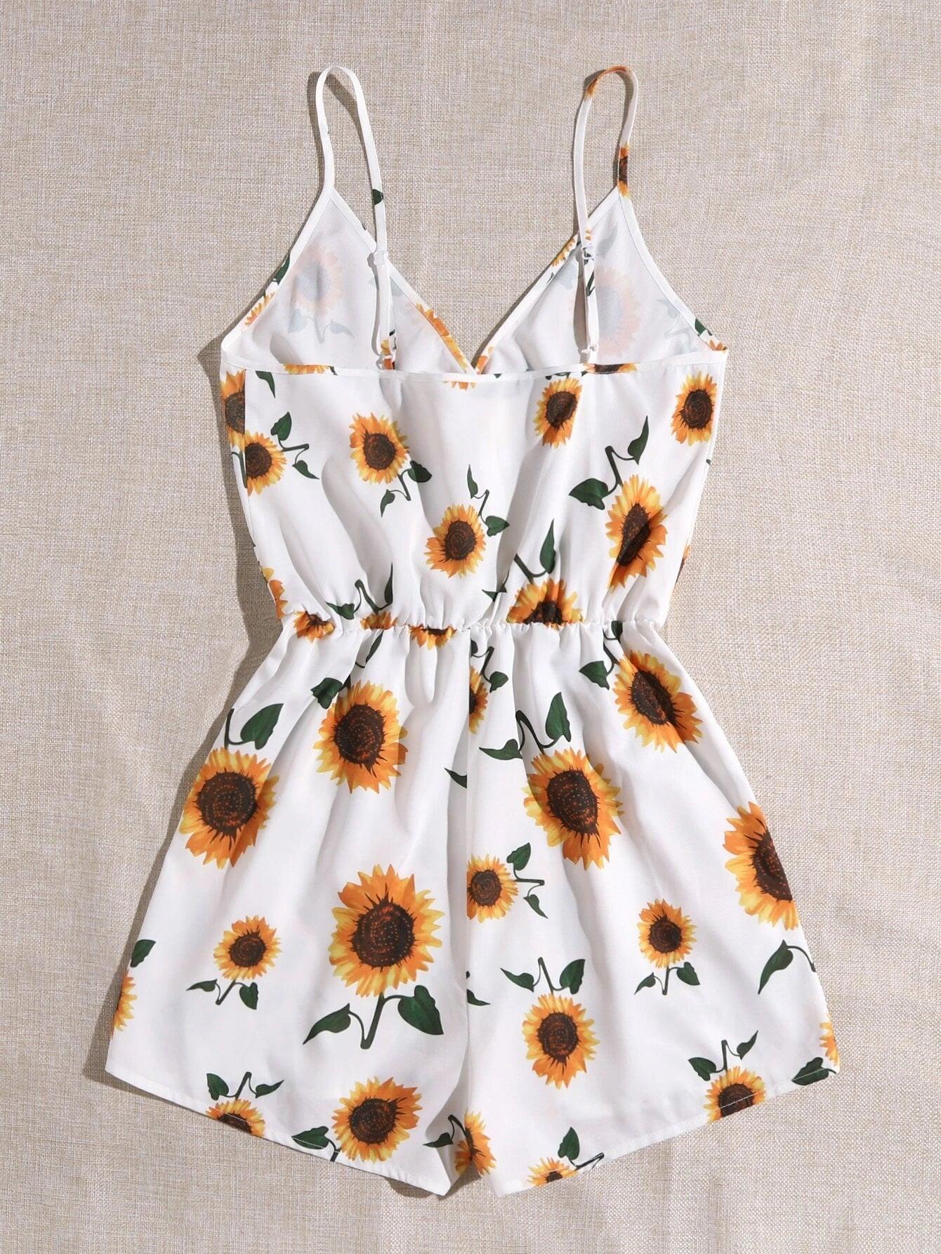Sunflower Print Cami Romper-Comfy Jumpsuits