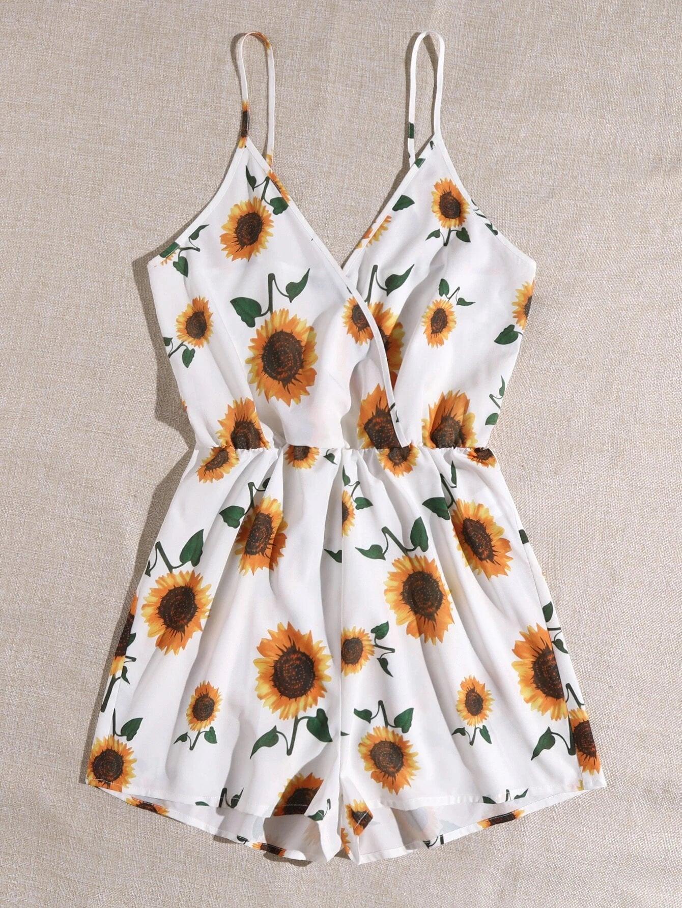 Sunflower Print Cami Romper-Comfy Jumpsuits