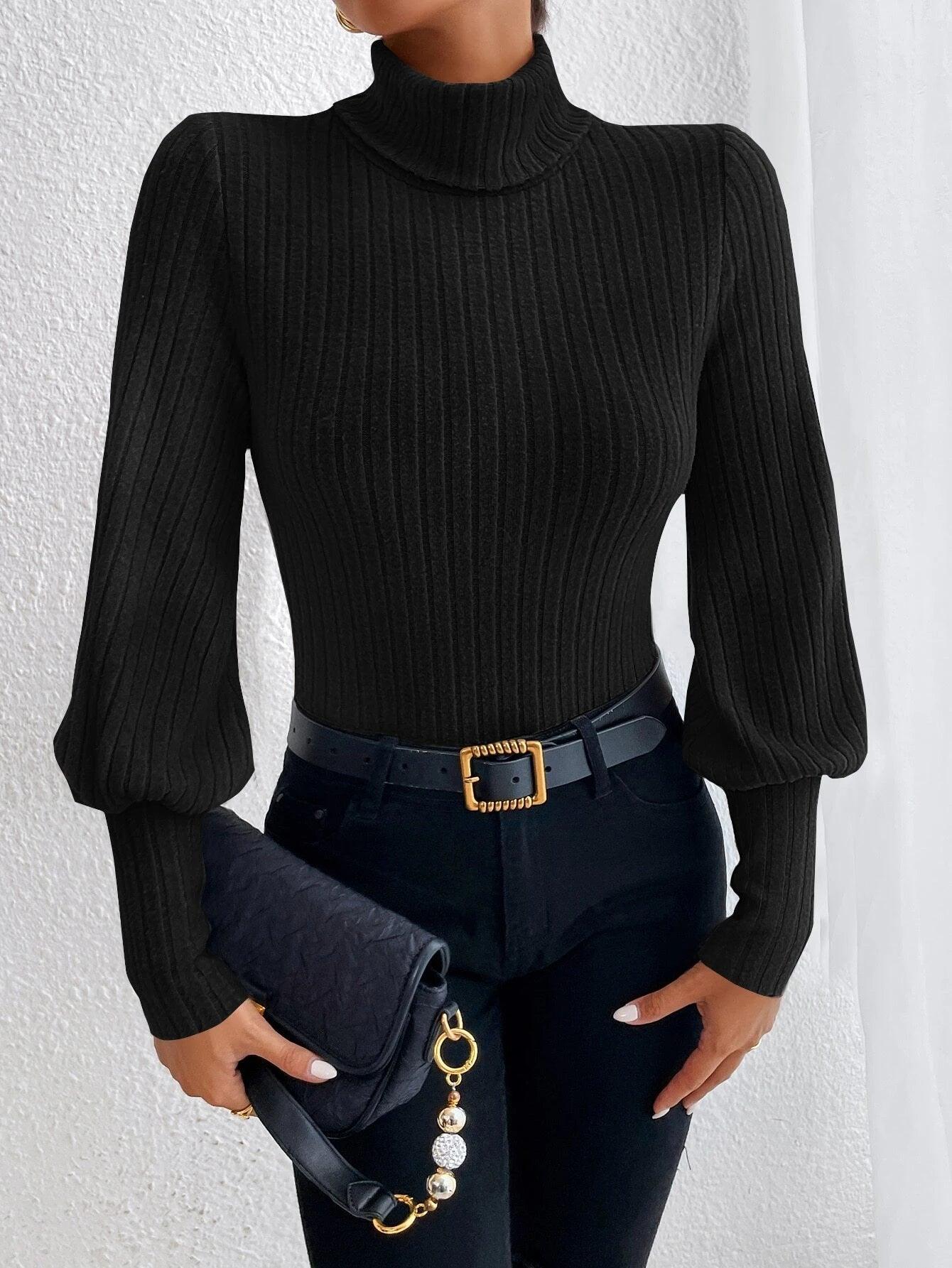 Turtle Neck Bishop Sleeve Bodysuit-Comfy Jumpsuits