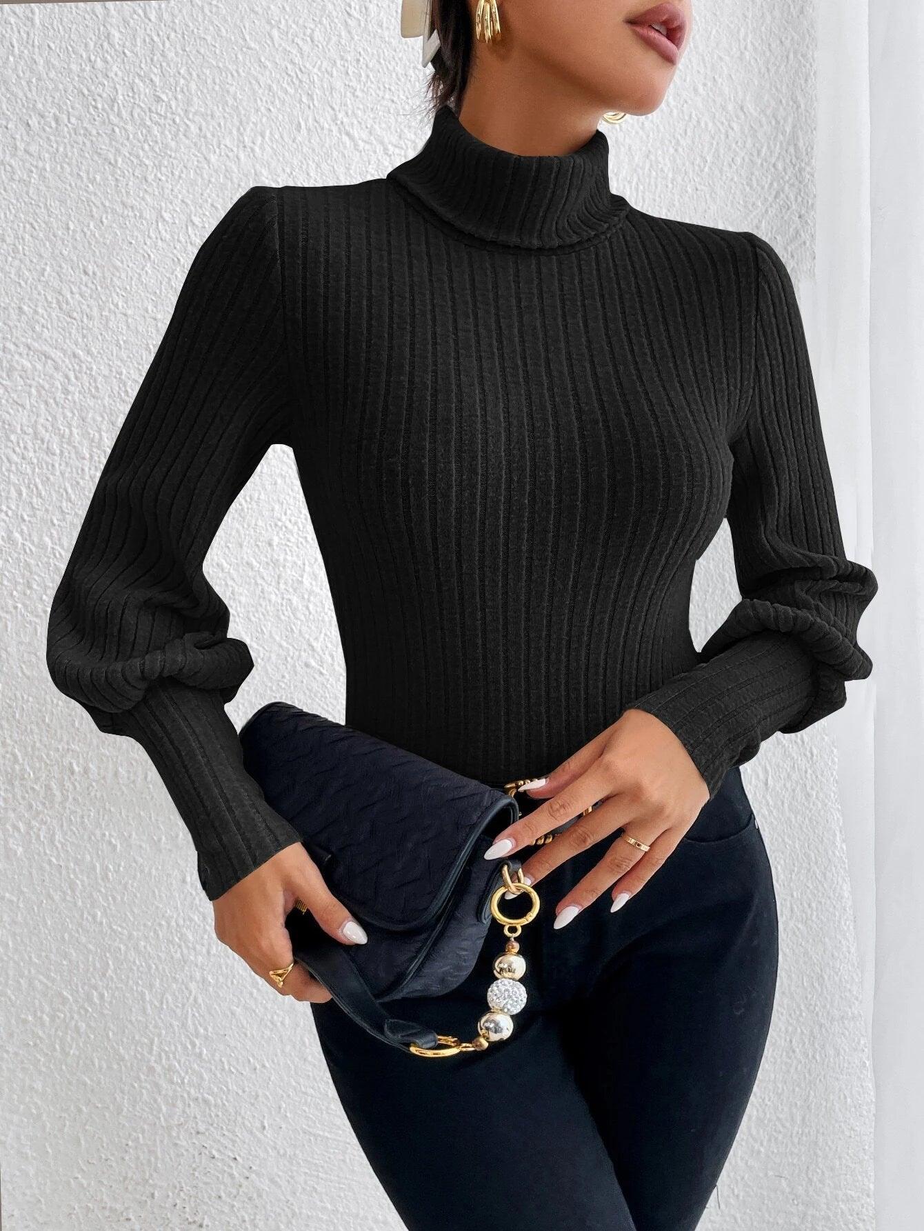 Turtle Neck Bishop Sleeve Bodysuit-Comfy Jumpsuits