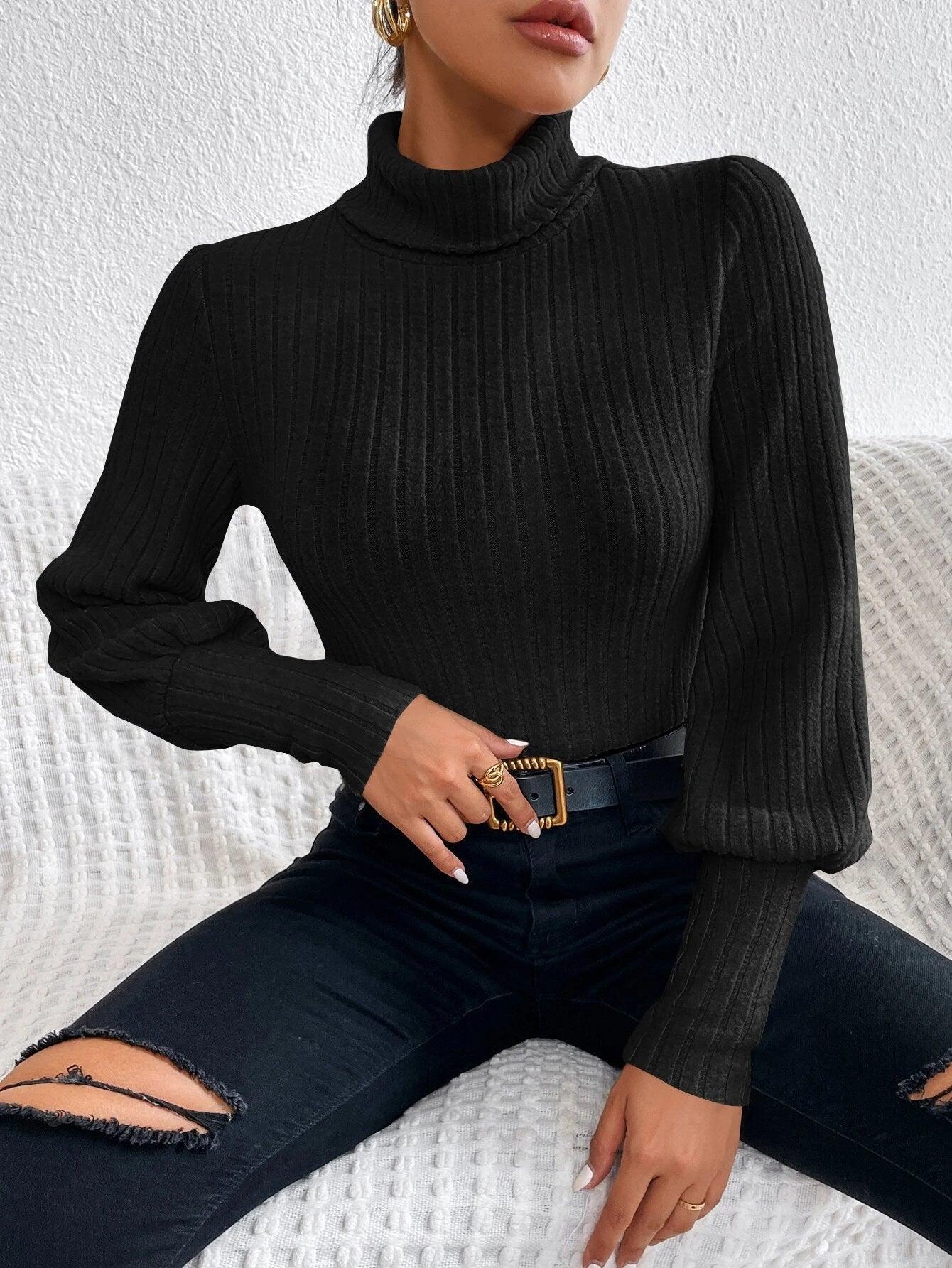 Turtle Neck Ribbed Knit Bodysuit-Comfy Jumpsuits