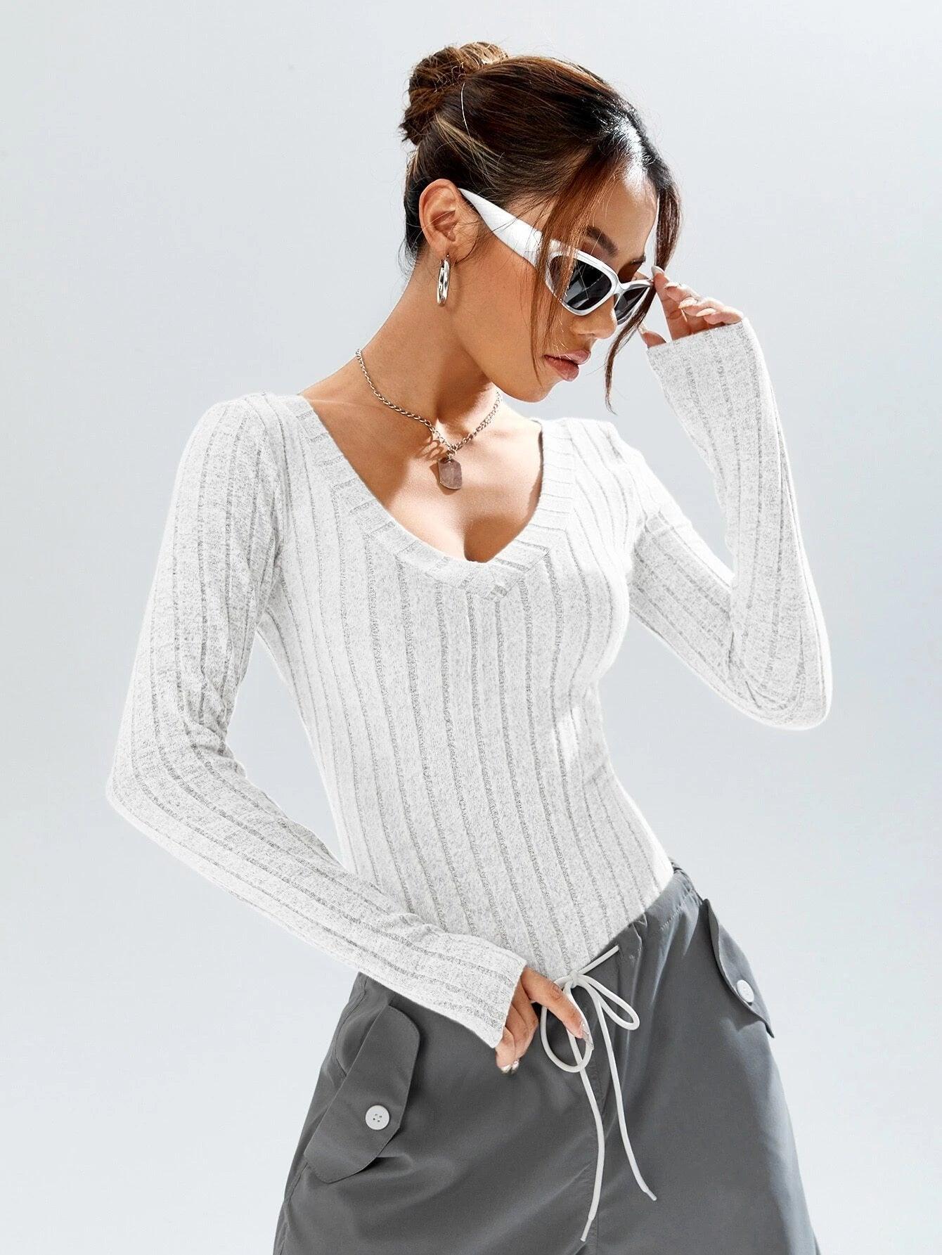 Plunging Neck Tee Bodysuit-Comfy Jumpsuits