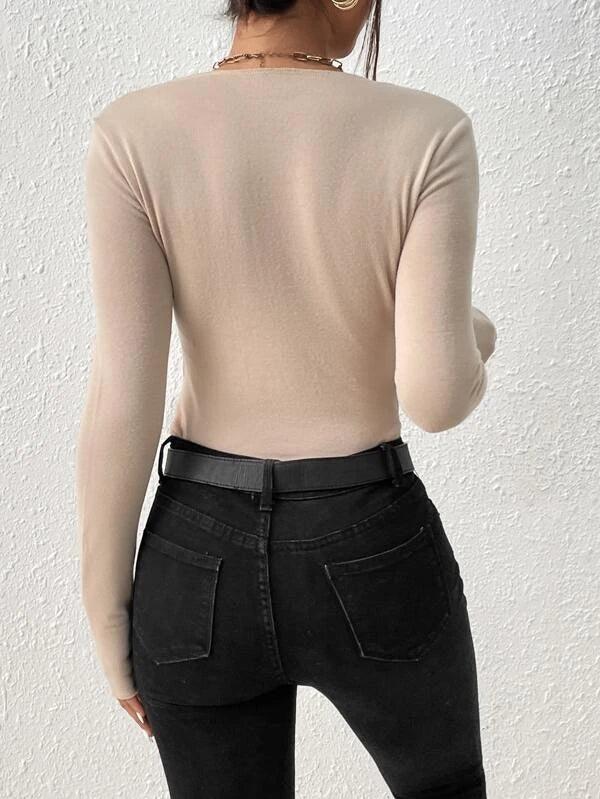 Scoop Neck Seam Detail Rib Knit High Waist Bodysuit-Comfy Jumpsuits