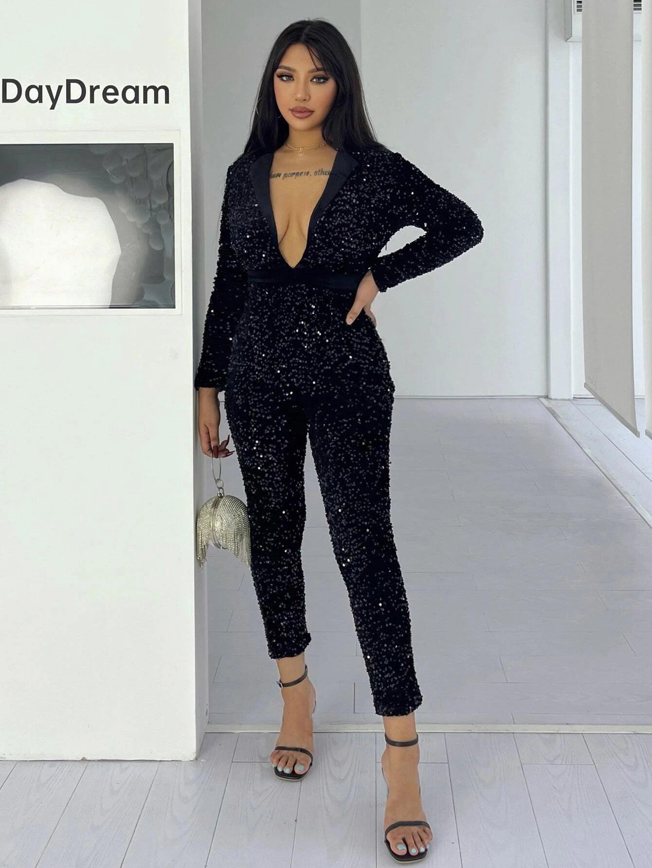 Long Sleeve Sequin Jumpsuit-Comfy Jumpsuits