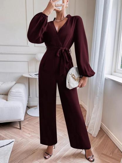 Lantern Sleeve Belted Jumpsuit-Comfy Jumpsuits