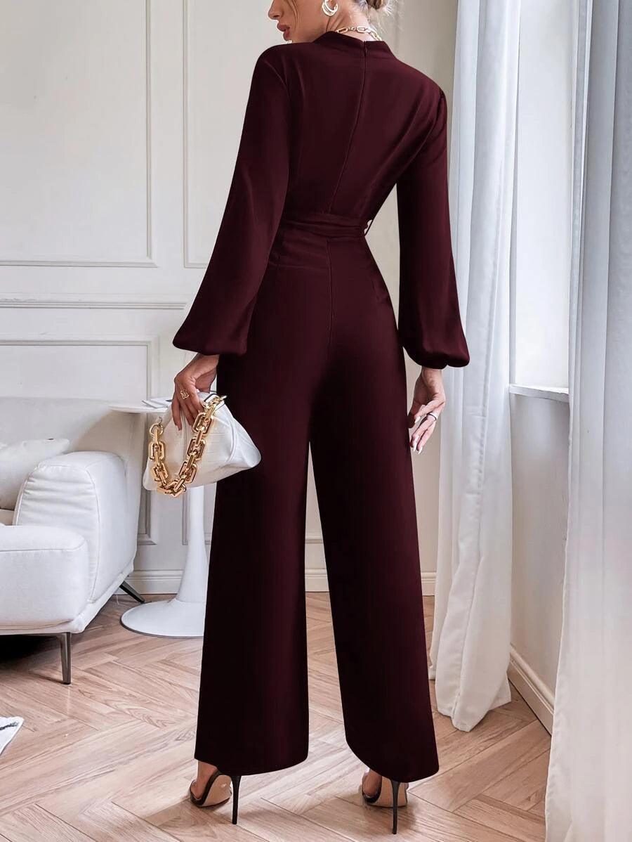 Lantern Sleeve Belted Jumpsuit-Comfy Jumpsuits
