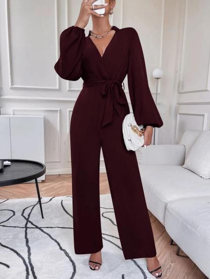 Lantern Sleeve Belted Jumpsuit-Comfy Jumpsuits