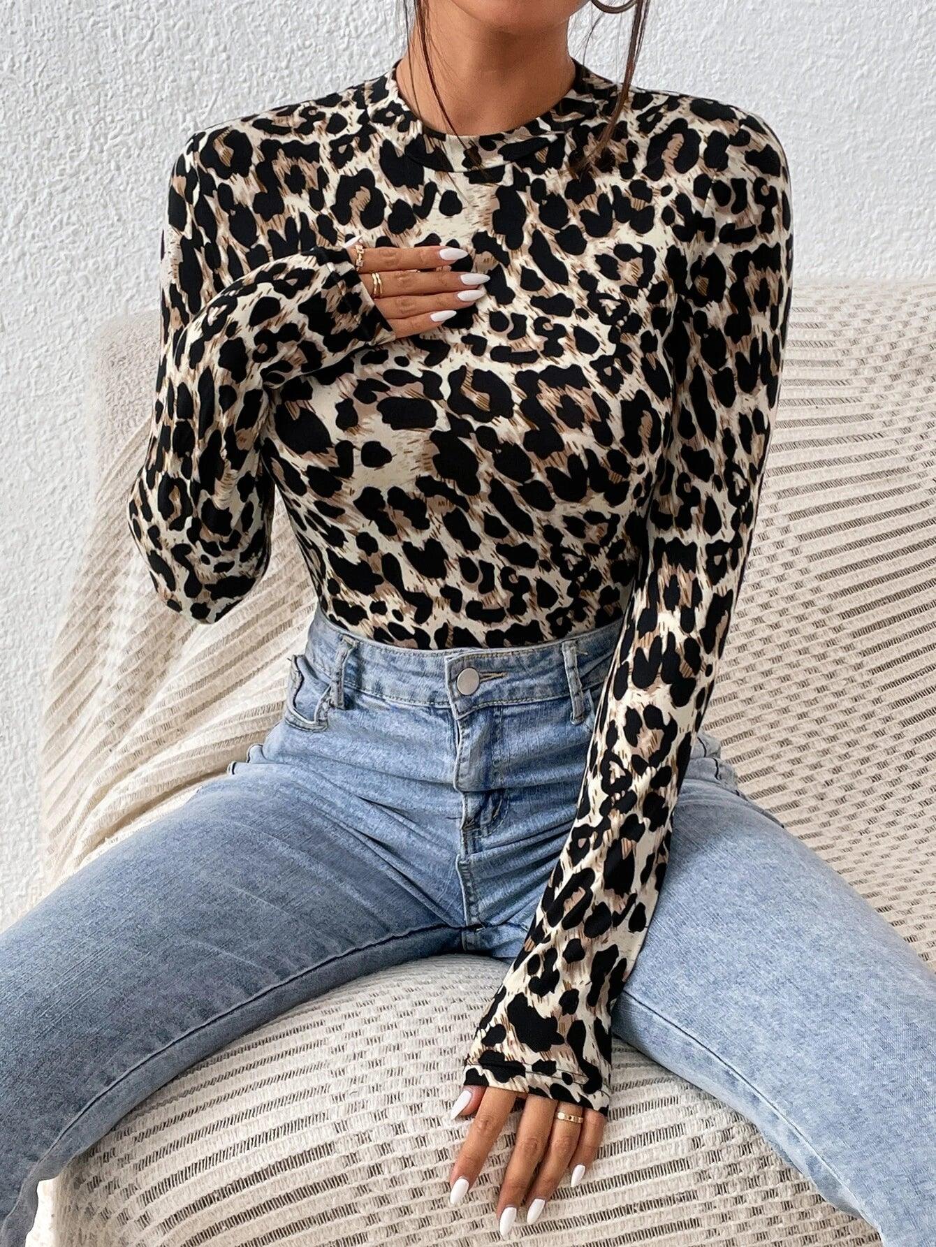 Leopard Print Mock Neck Bodysuit-Comfy Jumpsuits