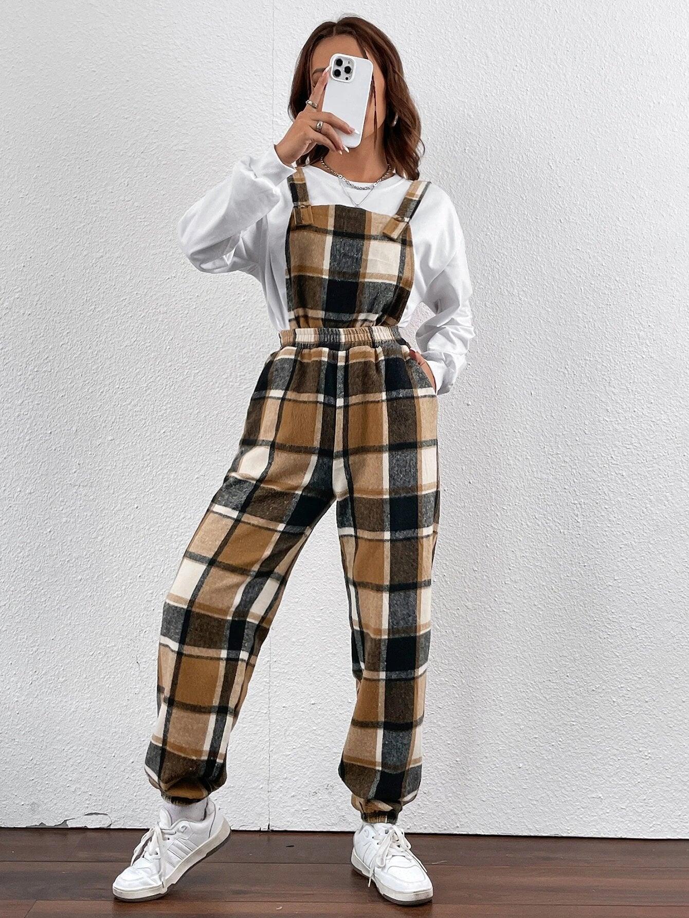 Plaid Print Overall Jumpsuit Without Top-Comfy Jumpsuits