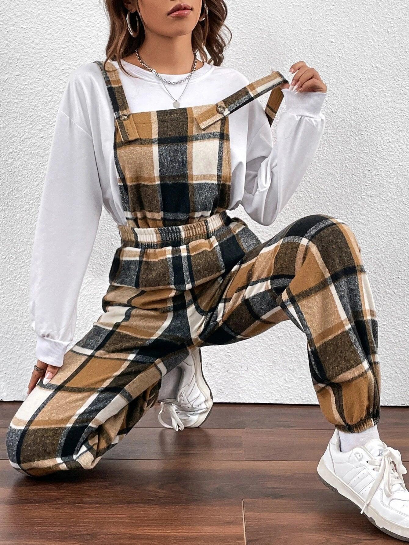 Plaid Print Overall Jumpsuit Without Top-Comfy Jumpsuits