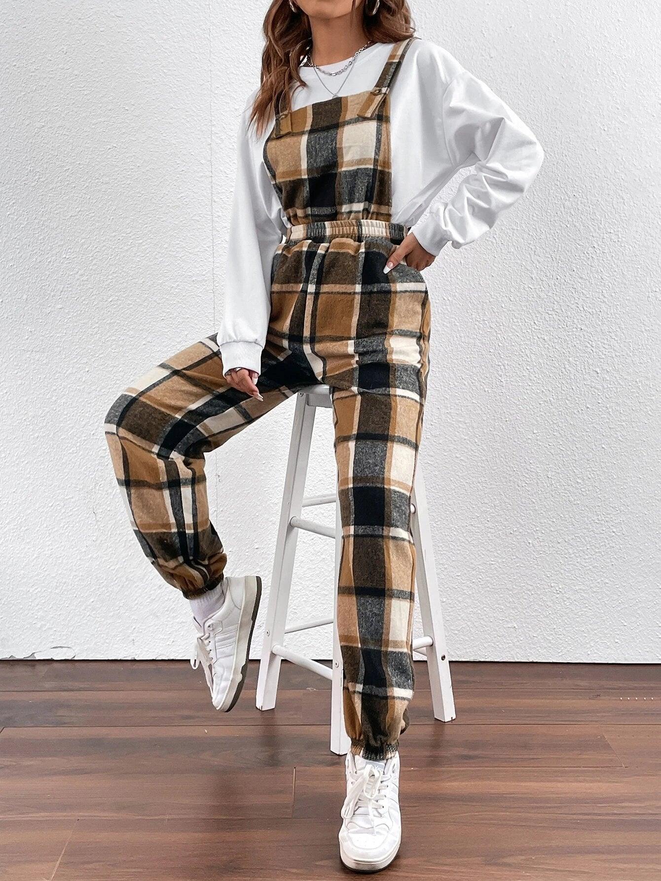 Plaid Print Overall Jumpsuit Without Top-Comfy Jumpsuits