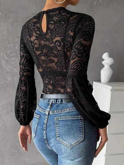 Keyhole Back Lantern Sleeve Guipure Lace Bodysuit-Comfy Jumpsuits