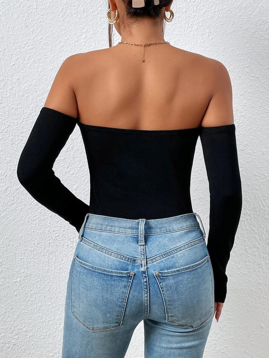 Off Shoulder Slim Fit Bodysuit-Comfy Jumpsuits