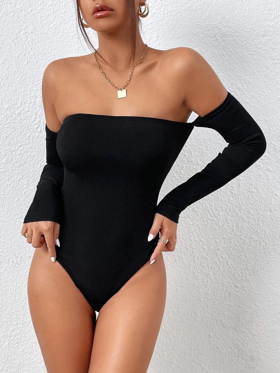 Off Shoulder Slim Fit Bodysuit-Comfy Jumpsuits